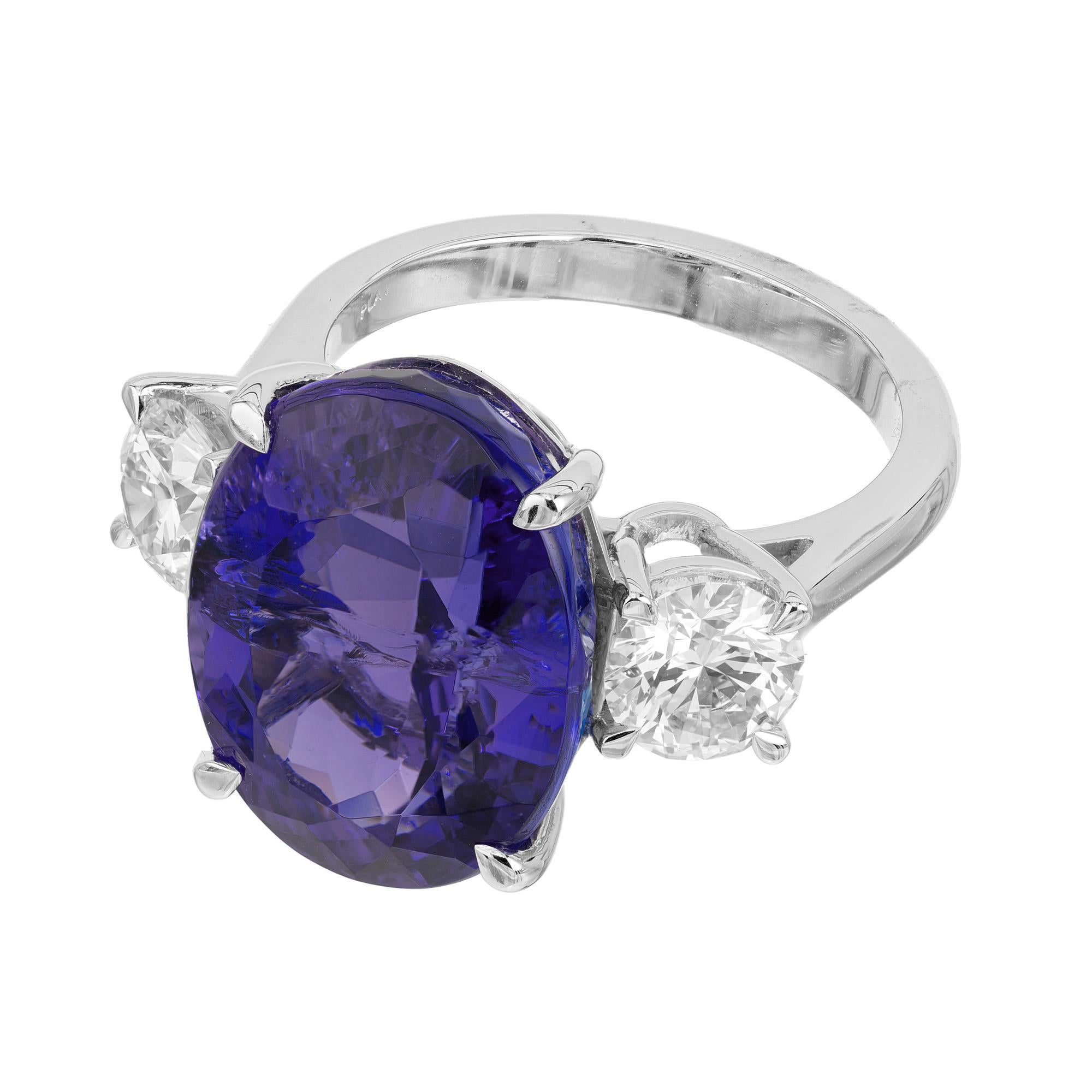 Oval Cut Peter Suchy GIA 14.07 Carat Tanzanite Diamond Three Stone Platinum Ring For Sale