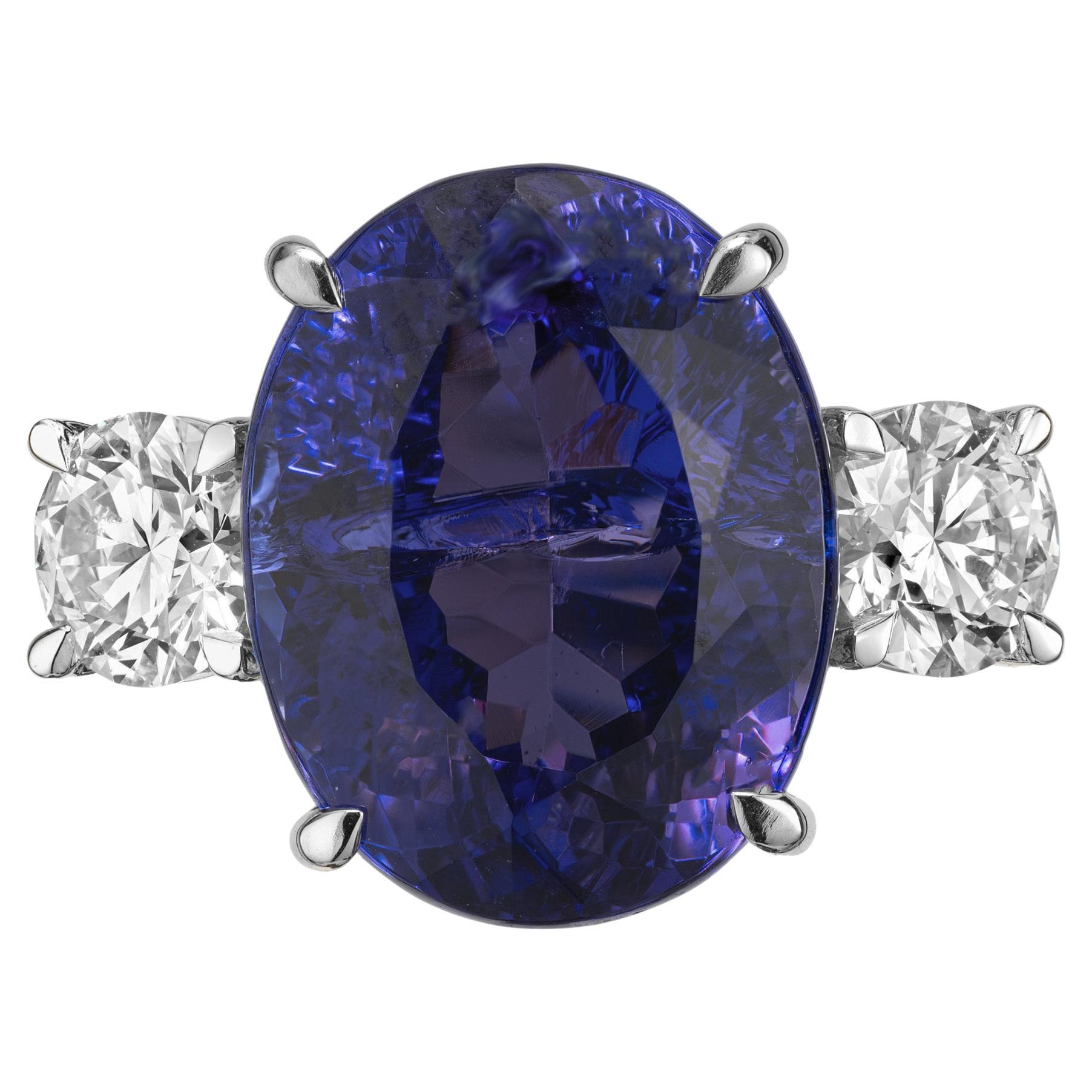 Peter Suchy GIA 14.07 Carat Tanzanite Diamond Three Stone Platinum Ring For Sale