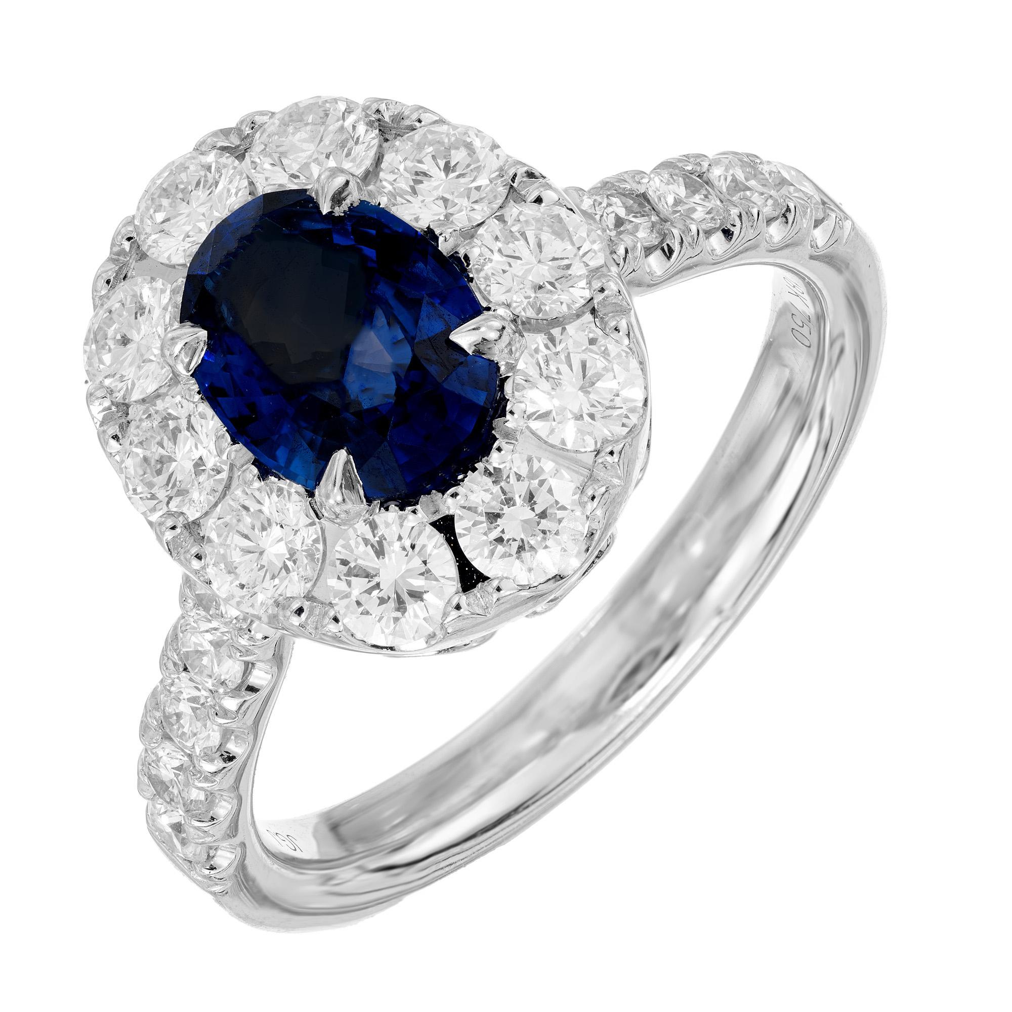 Sapphire and diamond engagement ring. At the centerpiece of this enchanting piece lies a stunning 1.44 carat oval sapphire, certified by the GIA as simple heat only. Its deep blue hue exudes a captivating allure, captivating the eye with its
