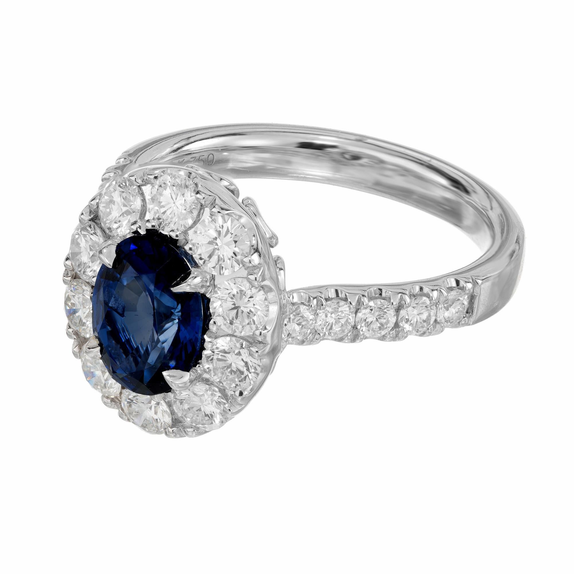 Oval Cut Peter Suchy GIA 1.44 Carat Sapphire Diamond Halo White Gold Engagement Ring  For Sale