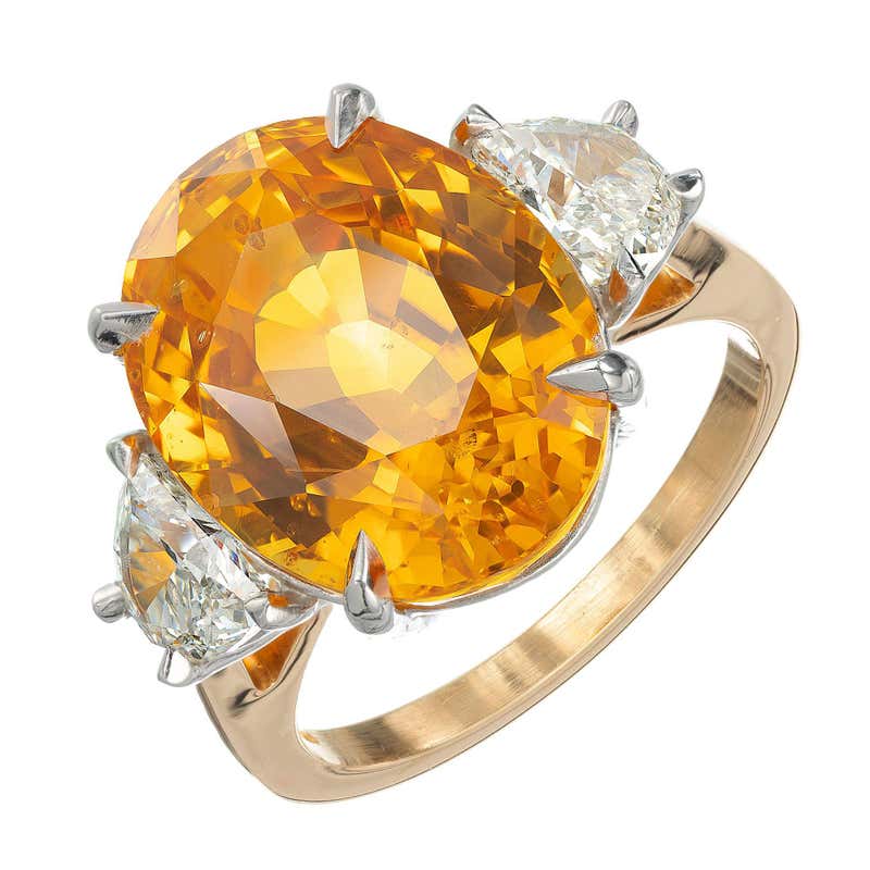 6.01 Carat Square Emerald Cut Orange Sapphire and Diamond Ring For Sale ...