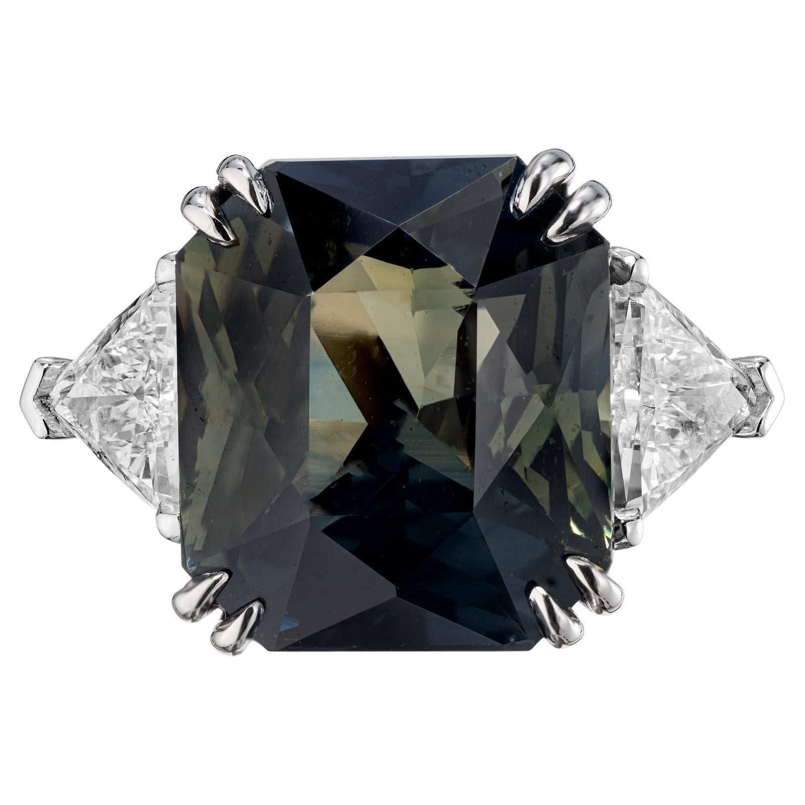 Bague de fiançailles Peter Suchy en platine avec saphir vert de 15,30 carats certifié GIA et diamant