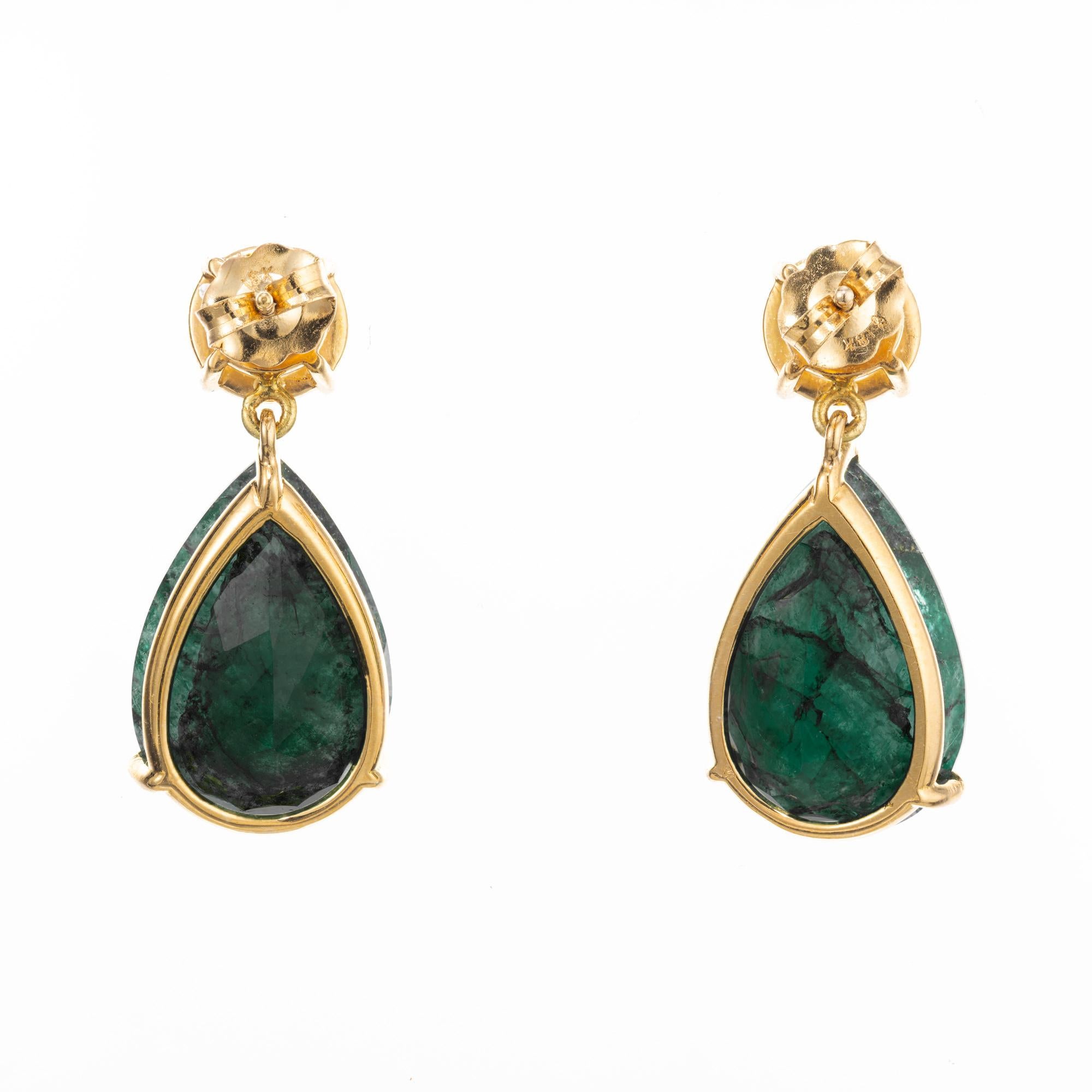 Pear Cut Peter Suchy GIA 15.55 Carat Pear Shaped Emerald Diamond Gold Dangle Earrings For Sale