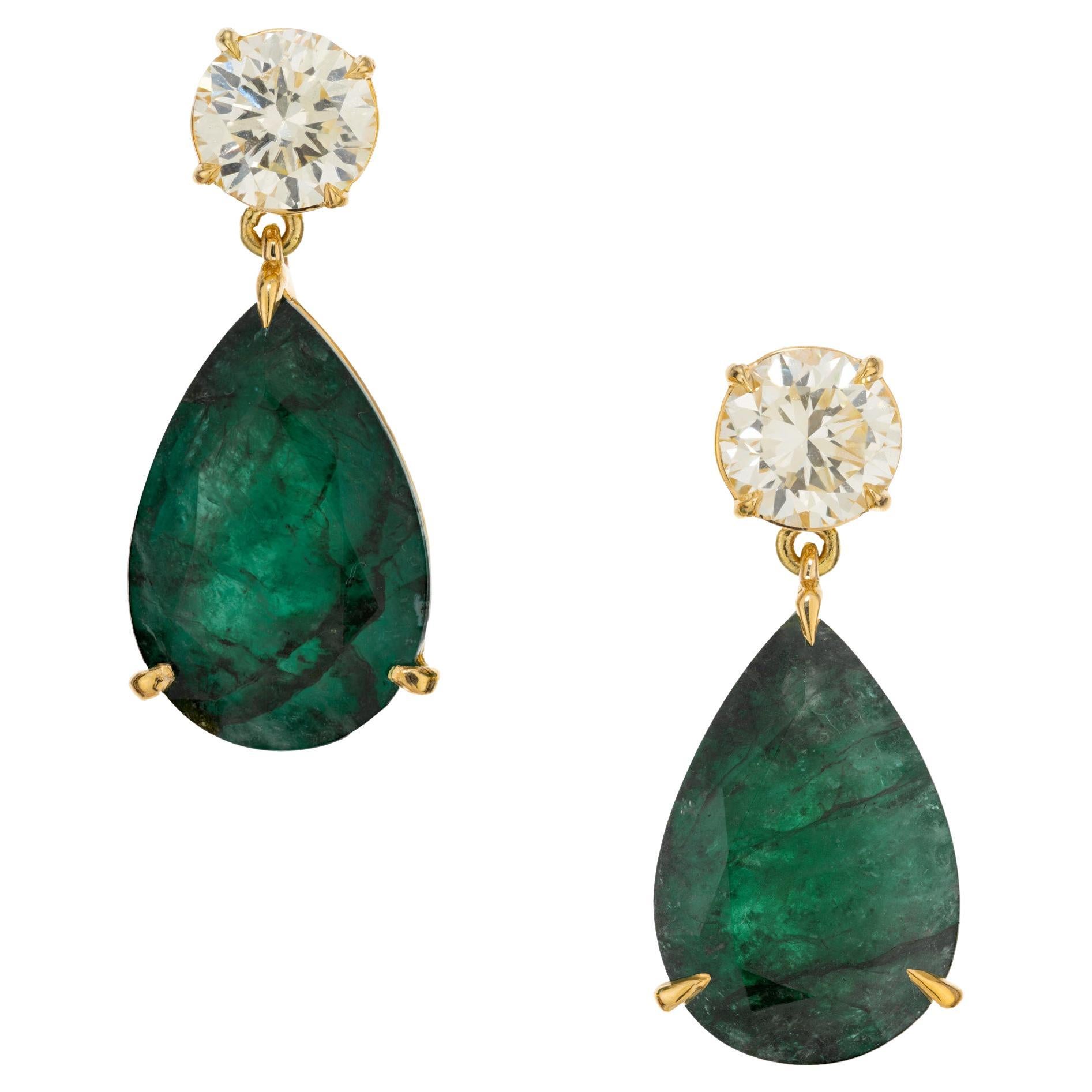 Peter Suchy GIA 15.55 Carat Pear Shaped Emerald Diamond Gold Dangle Earrings For Sale
