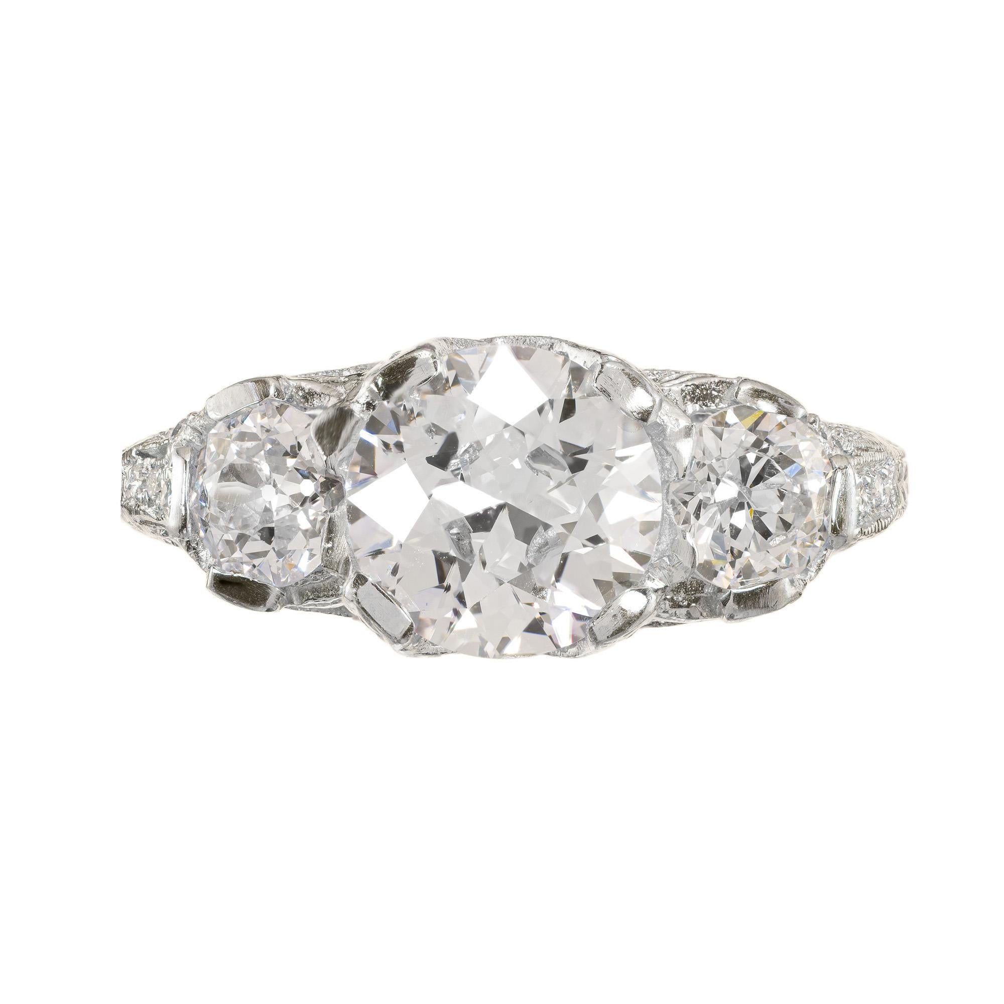 Old European Cut Peter Suchy GIA 1.58 Carat Old Euro Diamond Three-Stone Platinum Engagement Ring For Sale