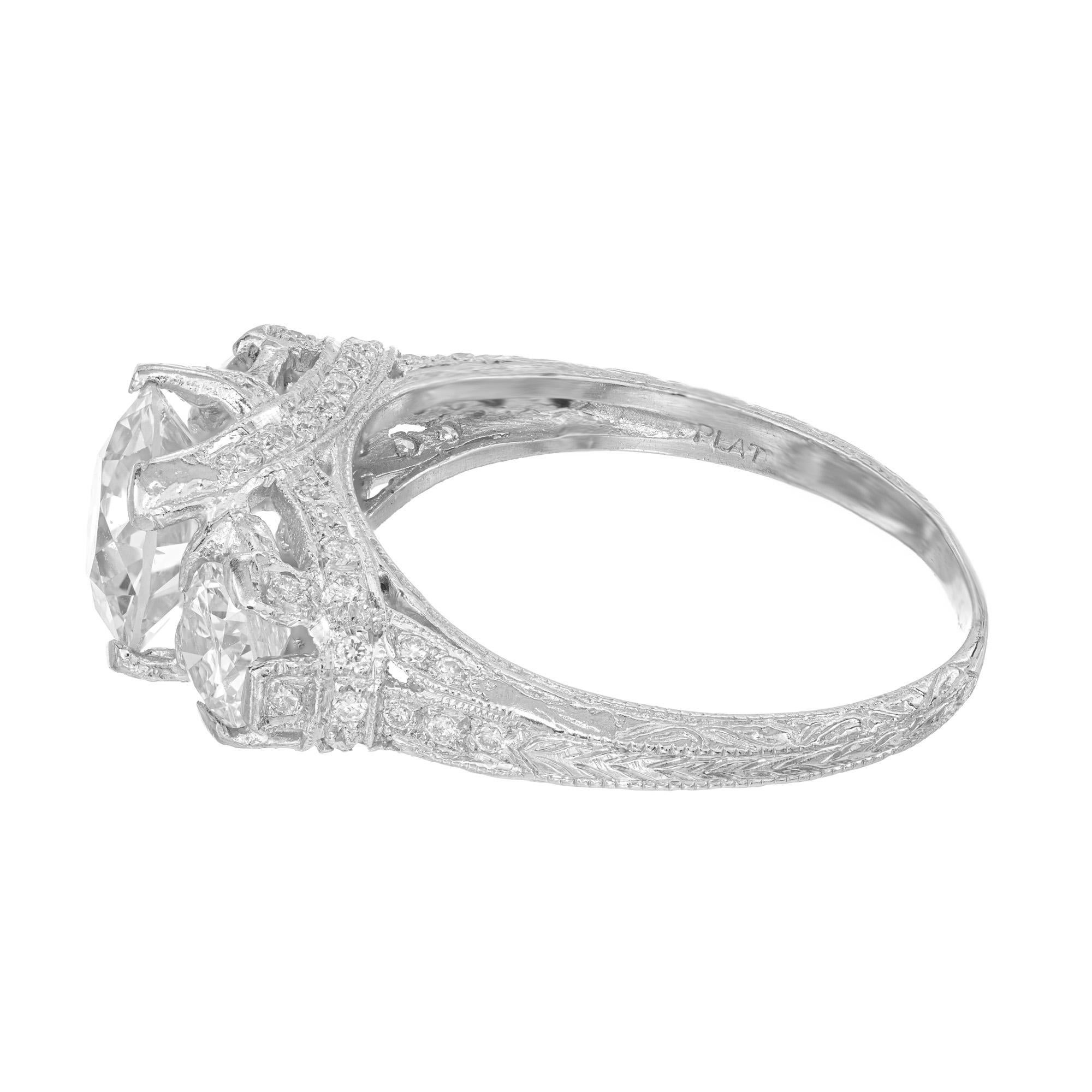 Women's Peter Suchy GIA 1.58 Carat Old Euro Diamond Three-Stone Platinum Engagement Ring For Sale