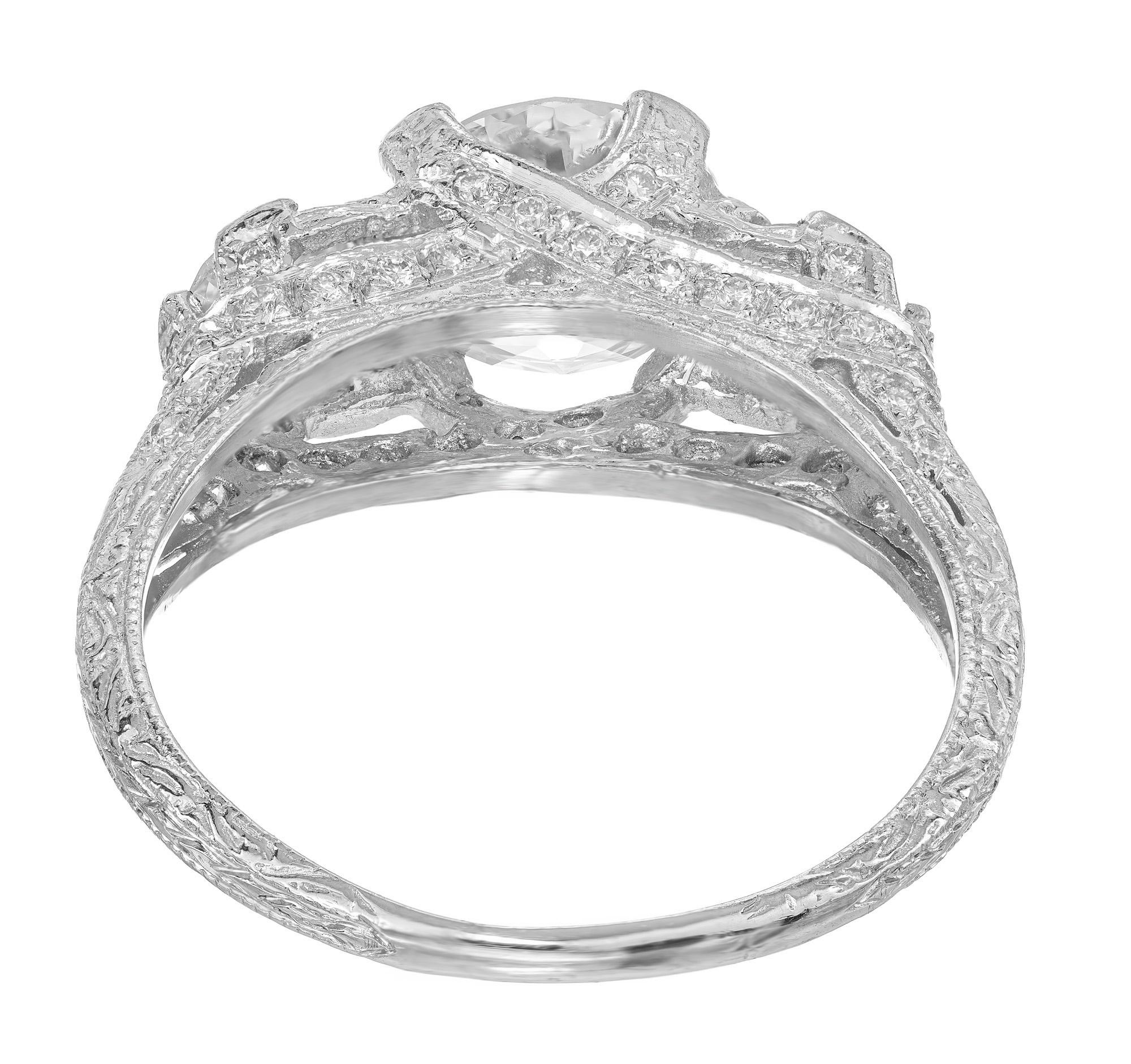 Peter Suchy GIA 1.58 Carat Old Euro Diamond Three-Stone Platinum Engagement Ring For Sale 1