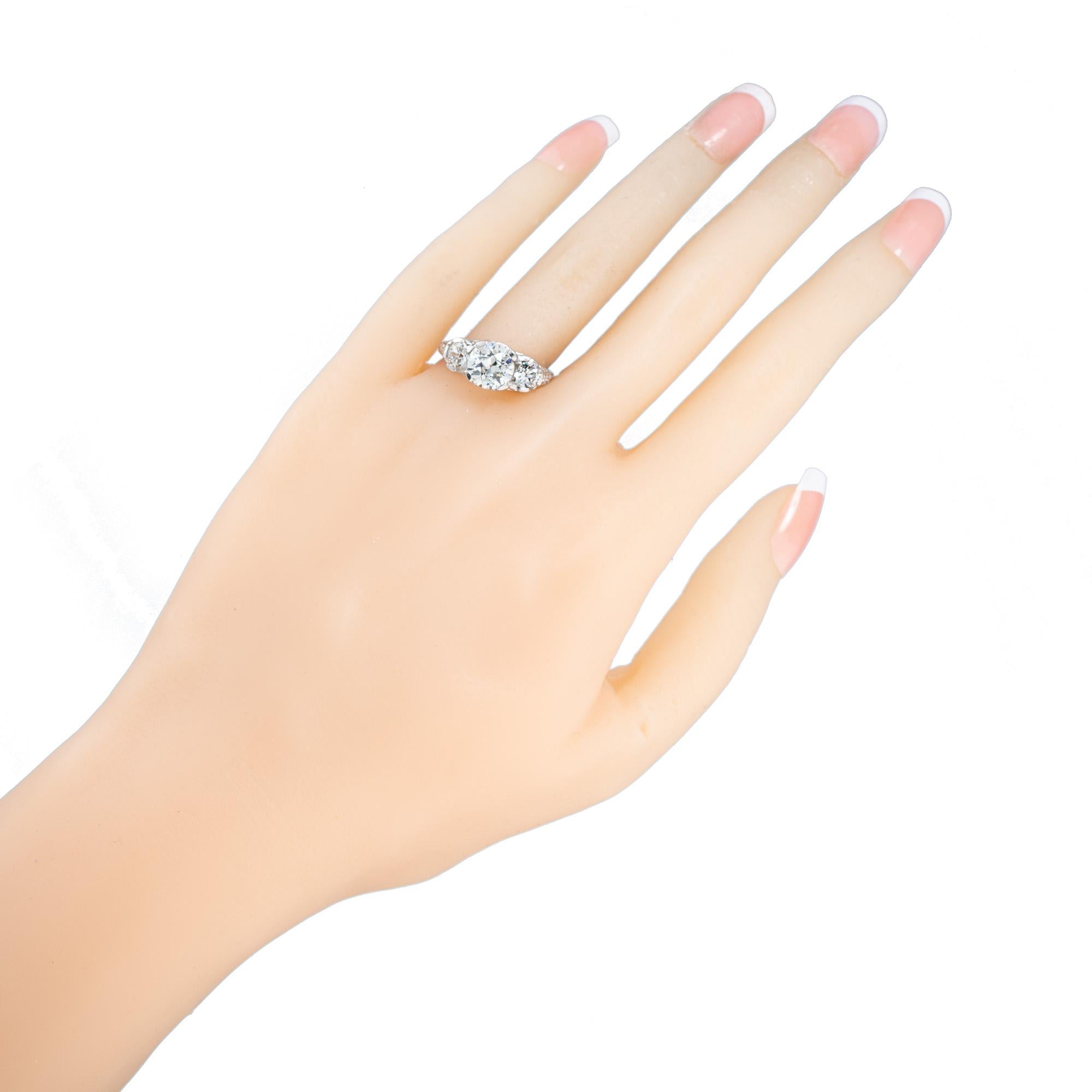 Peter Suchy GIA 1.58 Carat Old Euro Diamond Three-Stone Platinum Engagement Ring For Sale 3