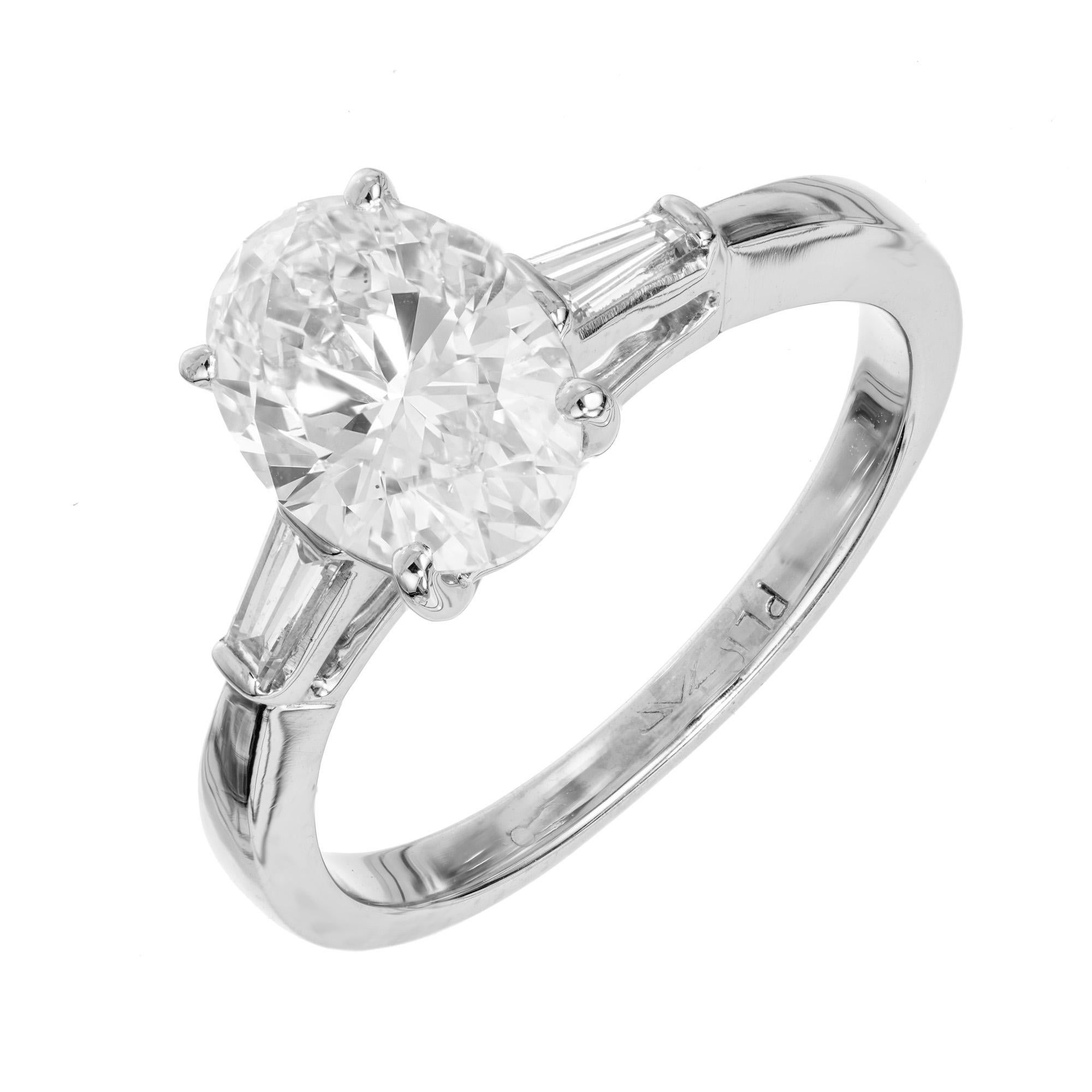 Oval Cut Peter Suchy GIA 1.60 Carat Oval Diamond Platinum Three-Stone Engagement Ring For Sale