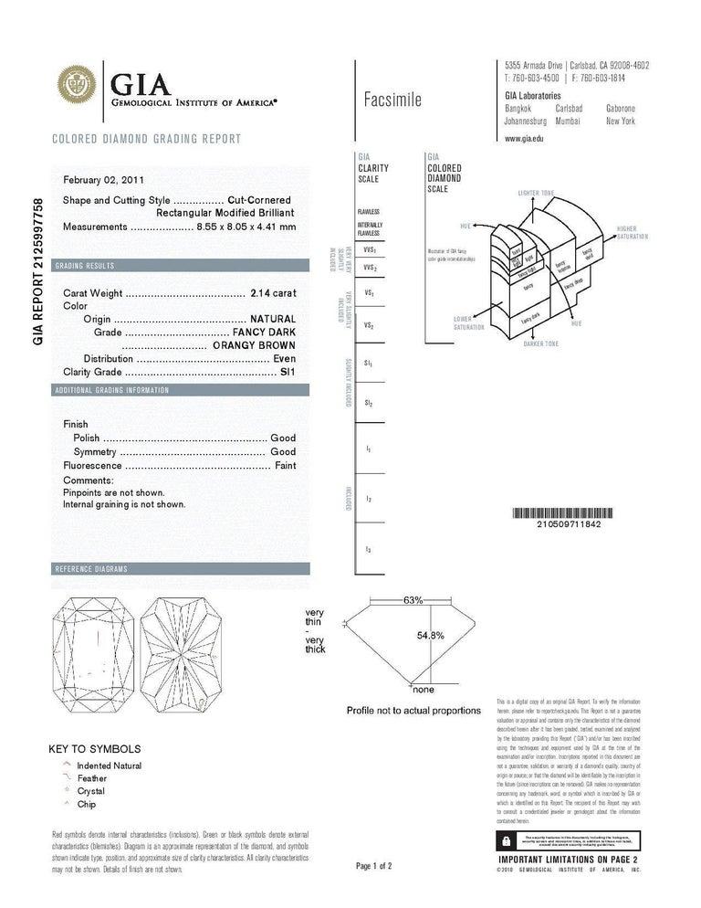 Radiant Cut Peter Suchy GIA 2.14 Carat Brown Diamond Platinum Three-Stone Engagement Ring For Sale