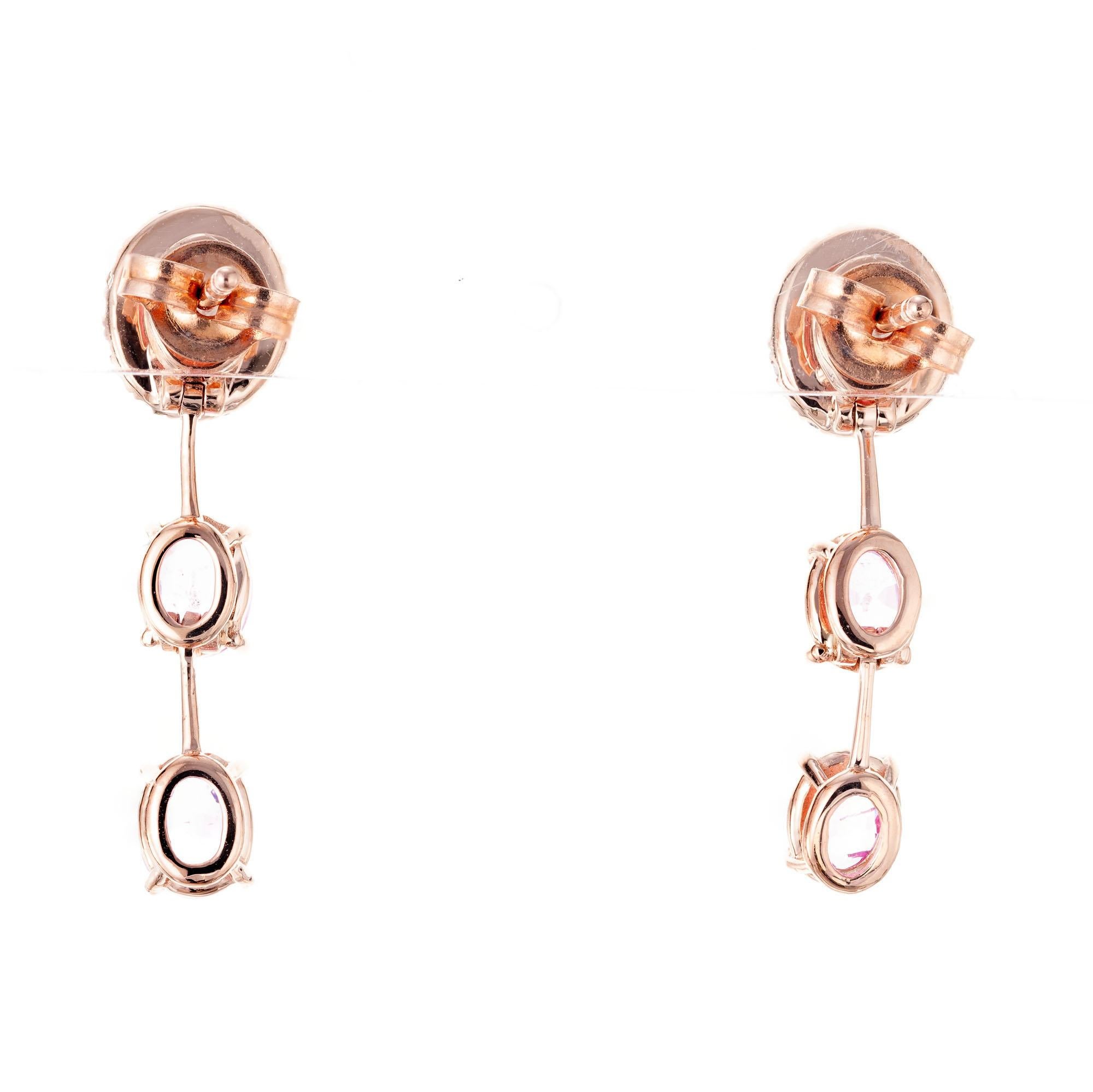 Oval Cut Peter Suchy GIA 2.70 Carat Pink Sapphire Diamond Halo Rose Gold Dangle Earrings For Sale