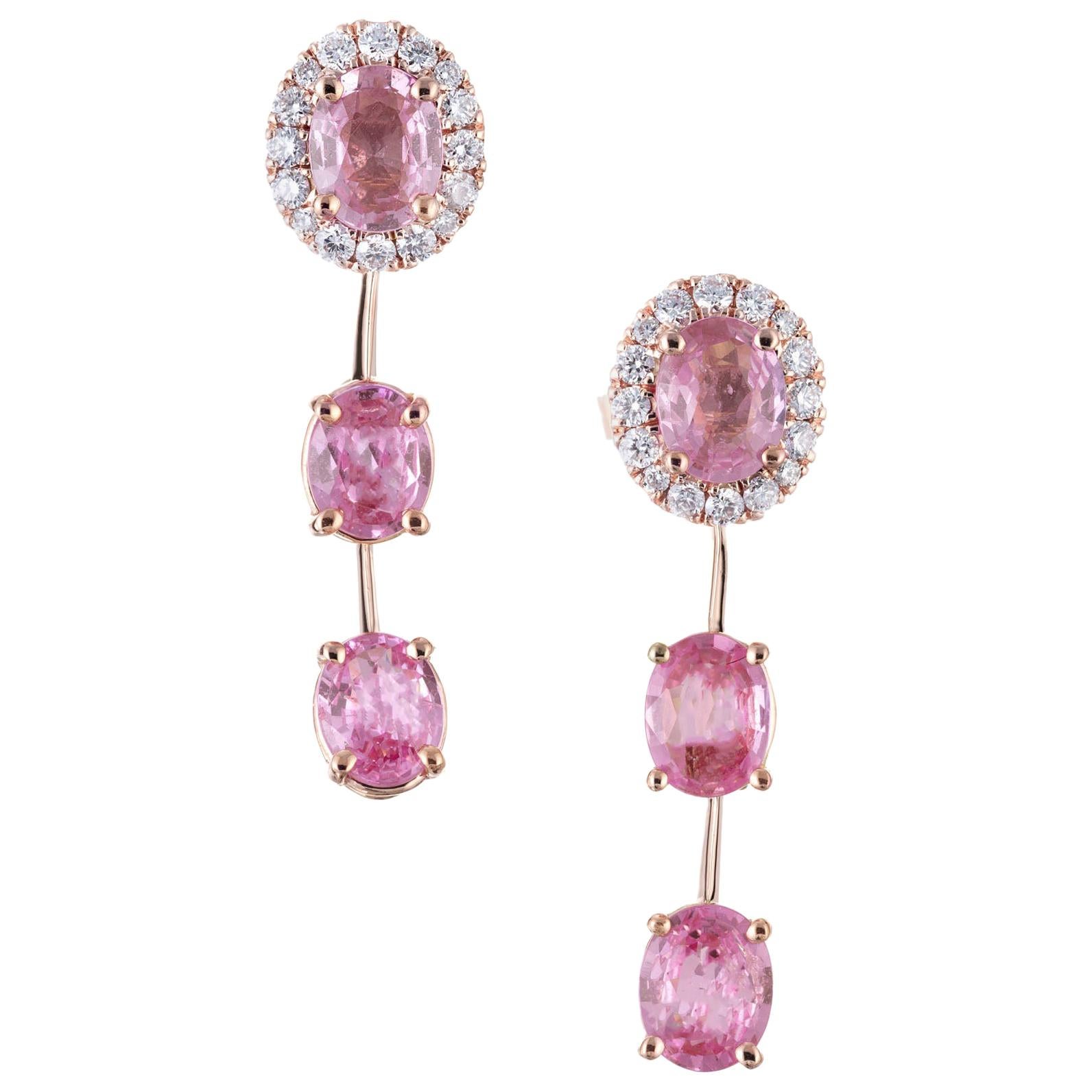 Peter Suchy GIA 2.70 Carat Pink Sapphire Diamond Halo Rose Gold Dangle Earrings For Sale