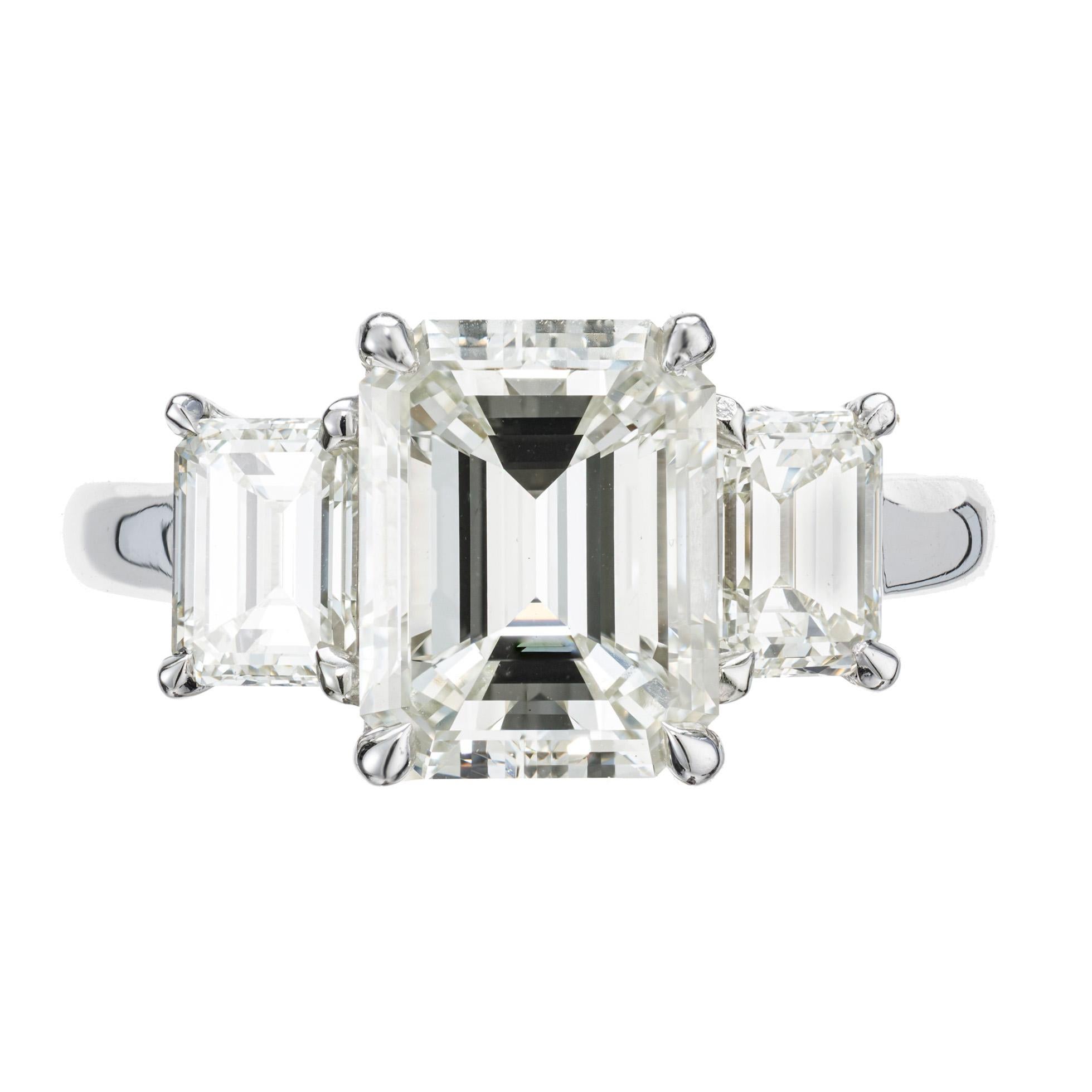 Emerald Cut Peter Suchy Gia 3.00 Carat Emerald Diamond Platinum Three-Stone Engagement Ring  For Sale