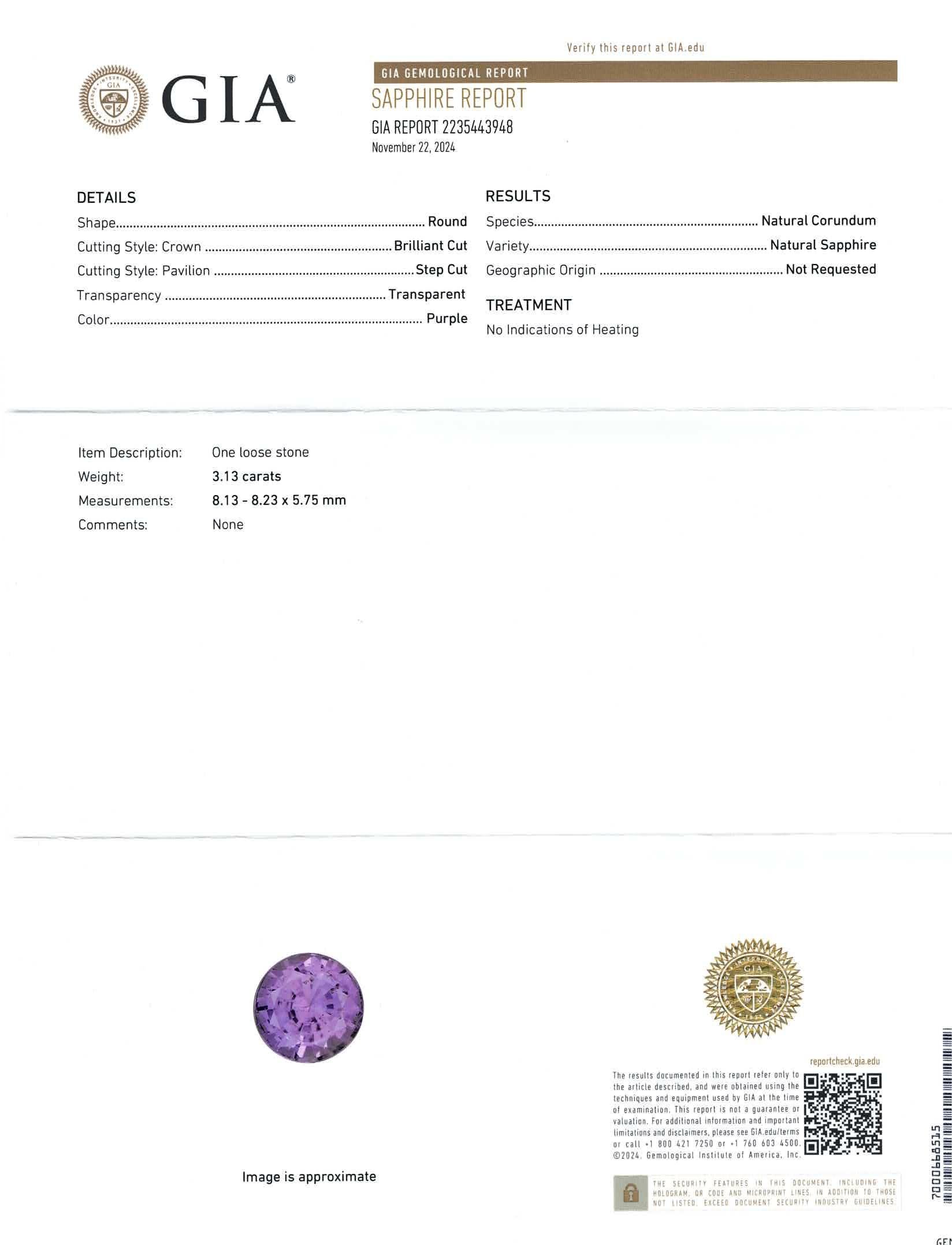 Round Cut Peter Suchy GIA 3.13 Carat Purple Sapphire Diamond Engagement Platinum Ring For Sale