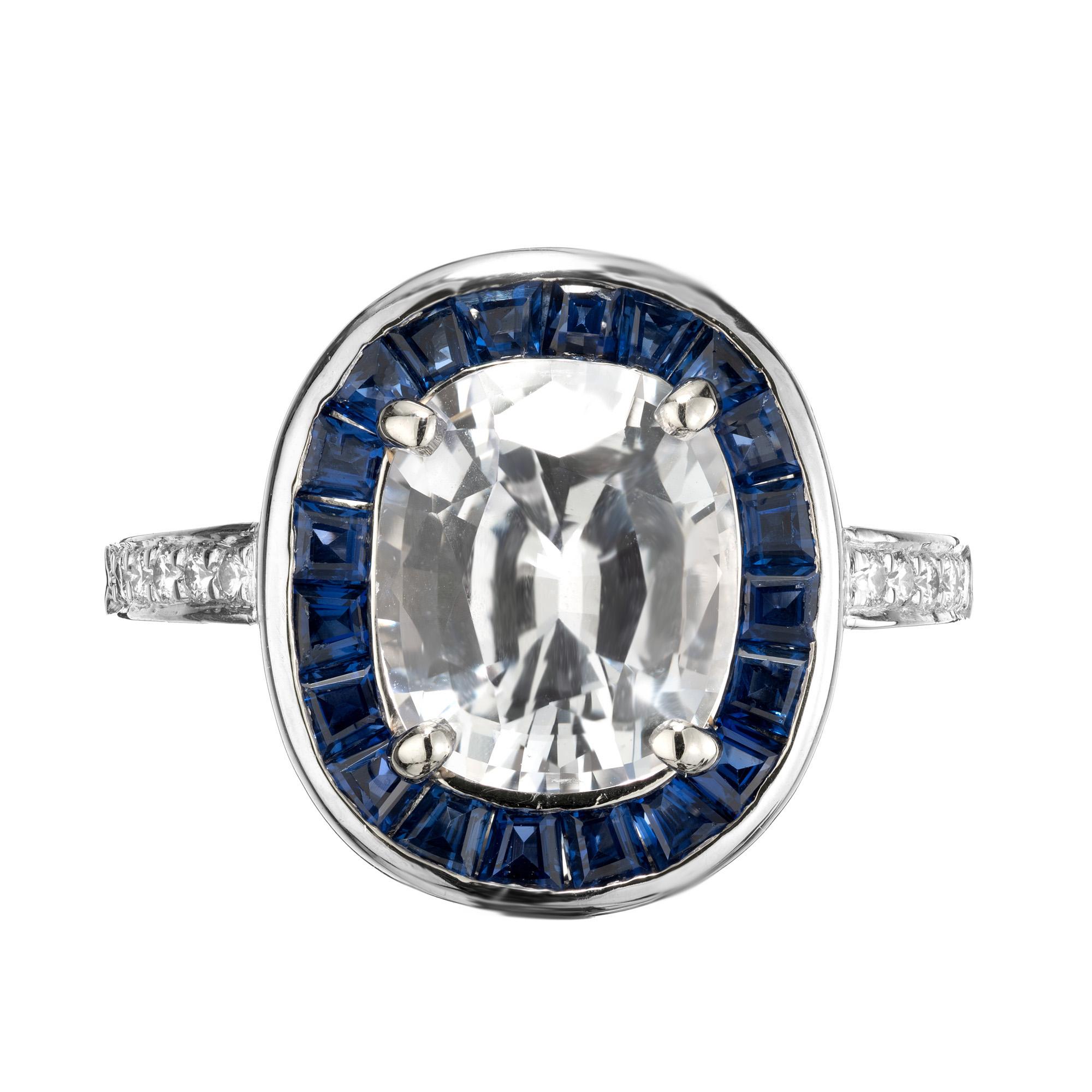 Cushion Cut Peter Suchy GIA 3.73 Carat White Oval Sapphire Diamond Platinum Engagement Ring For Sale