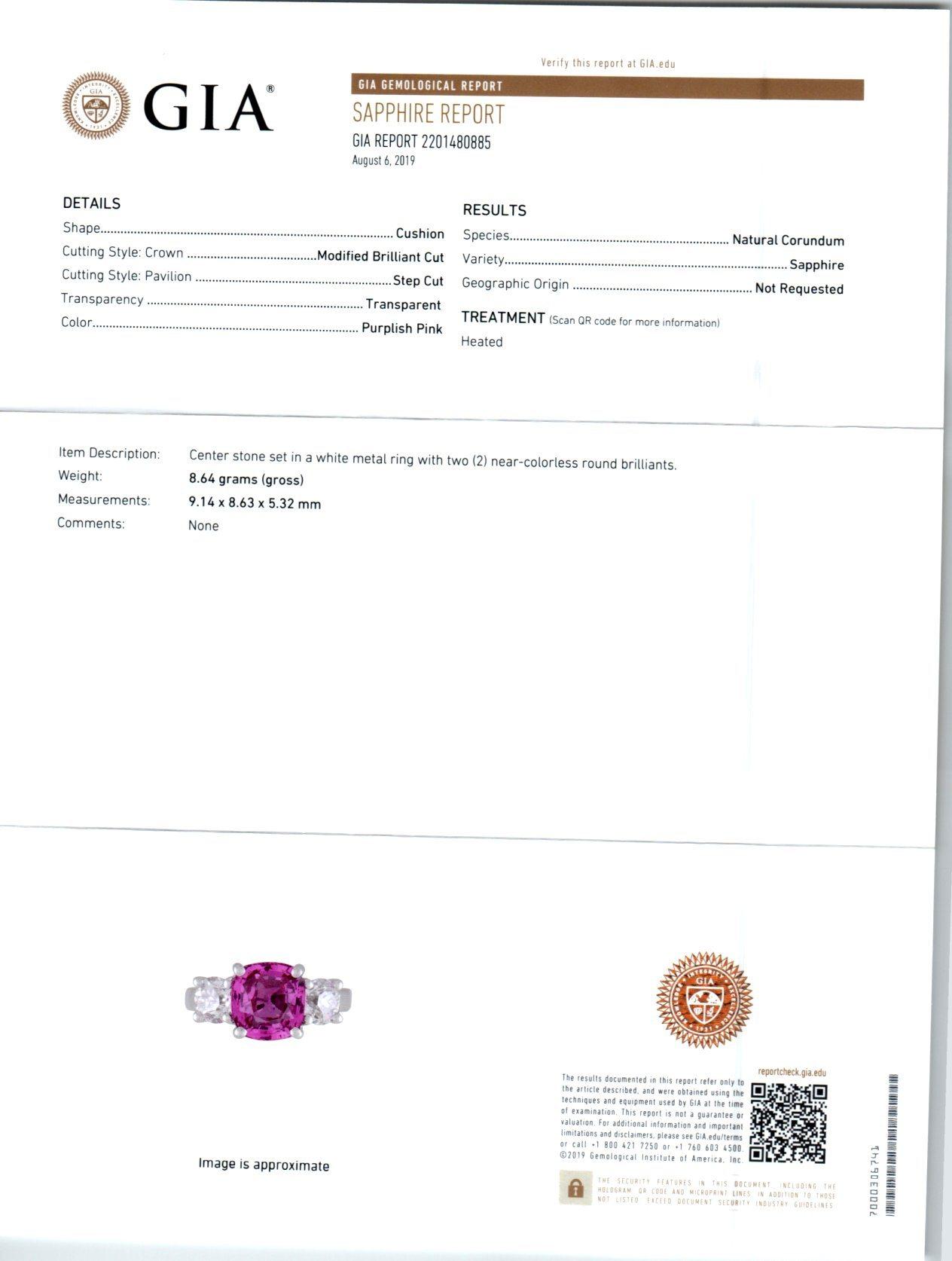 Bague de fiançailles Peter Suchy en platine avec saphir rose 4,02 carats certifié GIA et diamants en vente 3