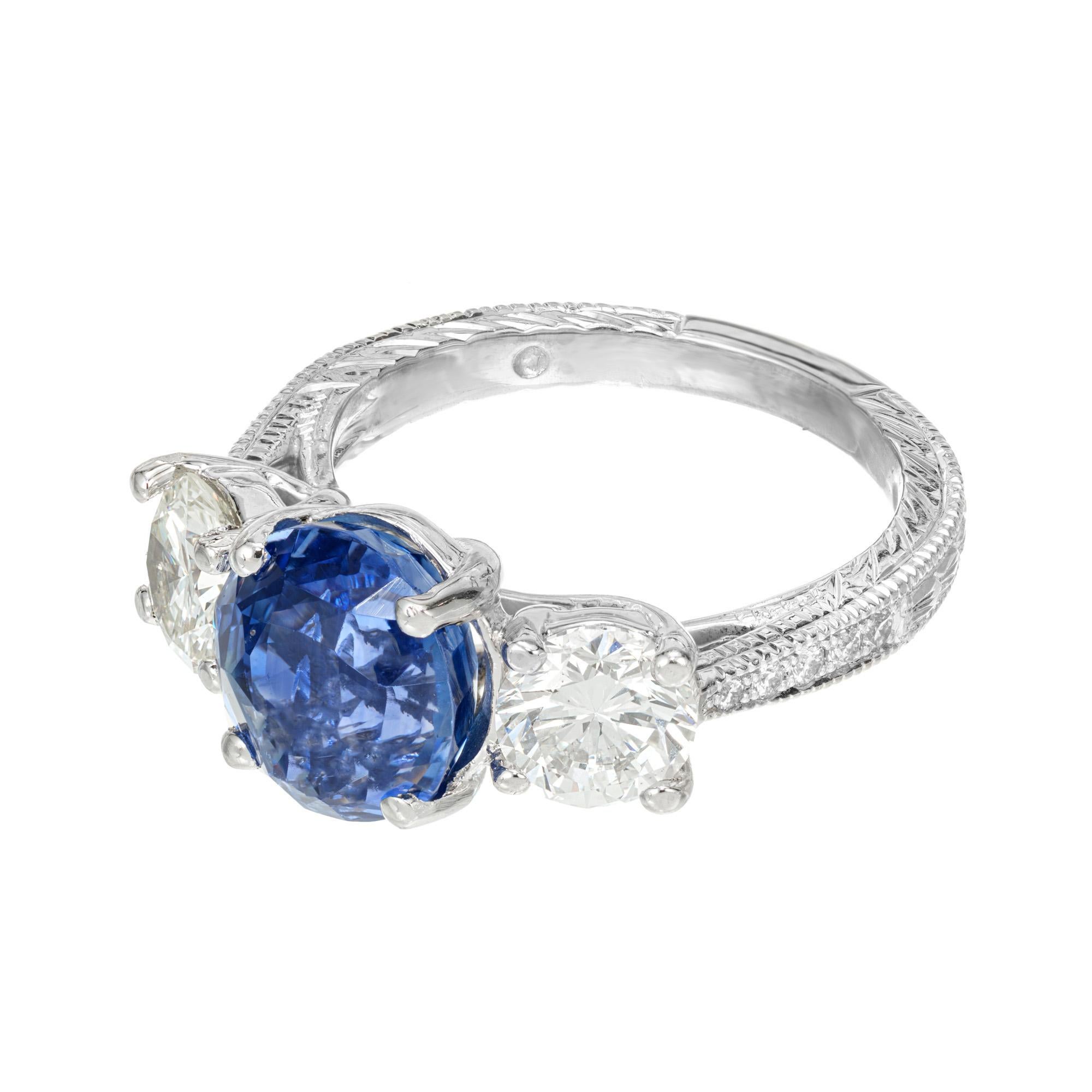 Old European Cut Peter Suchy GIA 4.02 Carat Sapphire Diamond Platinum Three-Stone Engagement Ring For Sale