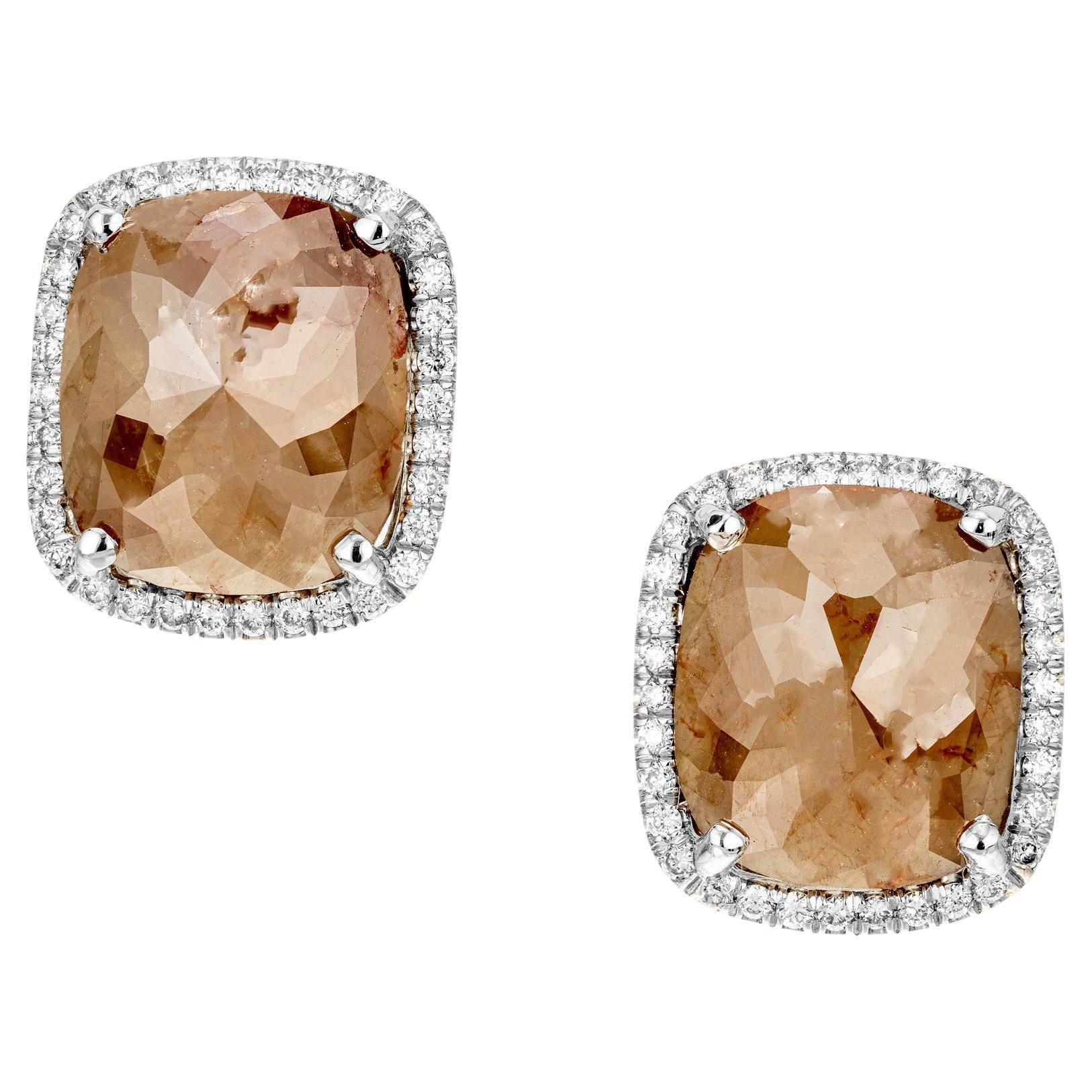 Peter Suchy GIA 4.17 Carat Brown Cushion Diamond Halo Gold Stud Earrings