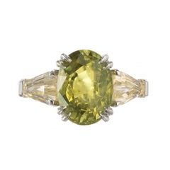 Peter Suchy GIA 4.23 Carat Oval Yellow Green Sapphire Platinum Engagement Ring