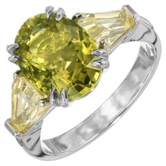 Bague de fiançailles à trois pierres en platine avec saphir jaune vert et jaune de 6,46 carats certifié GIA