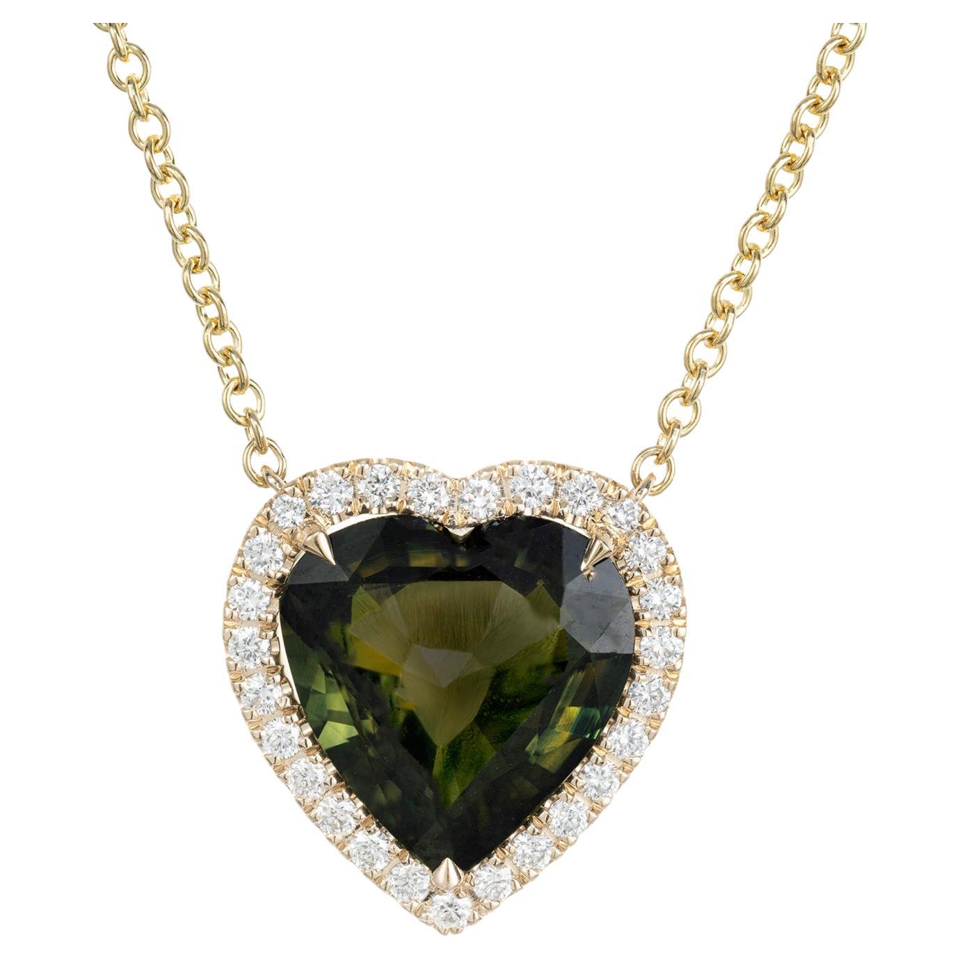 Peter Suchy GIA 4.98 Carat Heart Sapphire Diamond Halo Gold Pendant Necklace For Sale