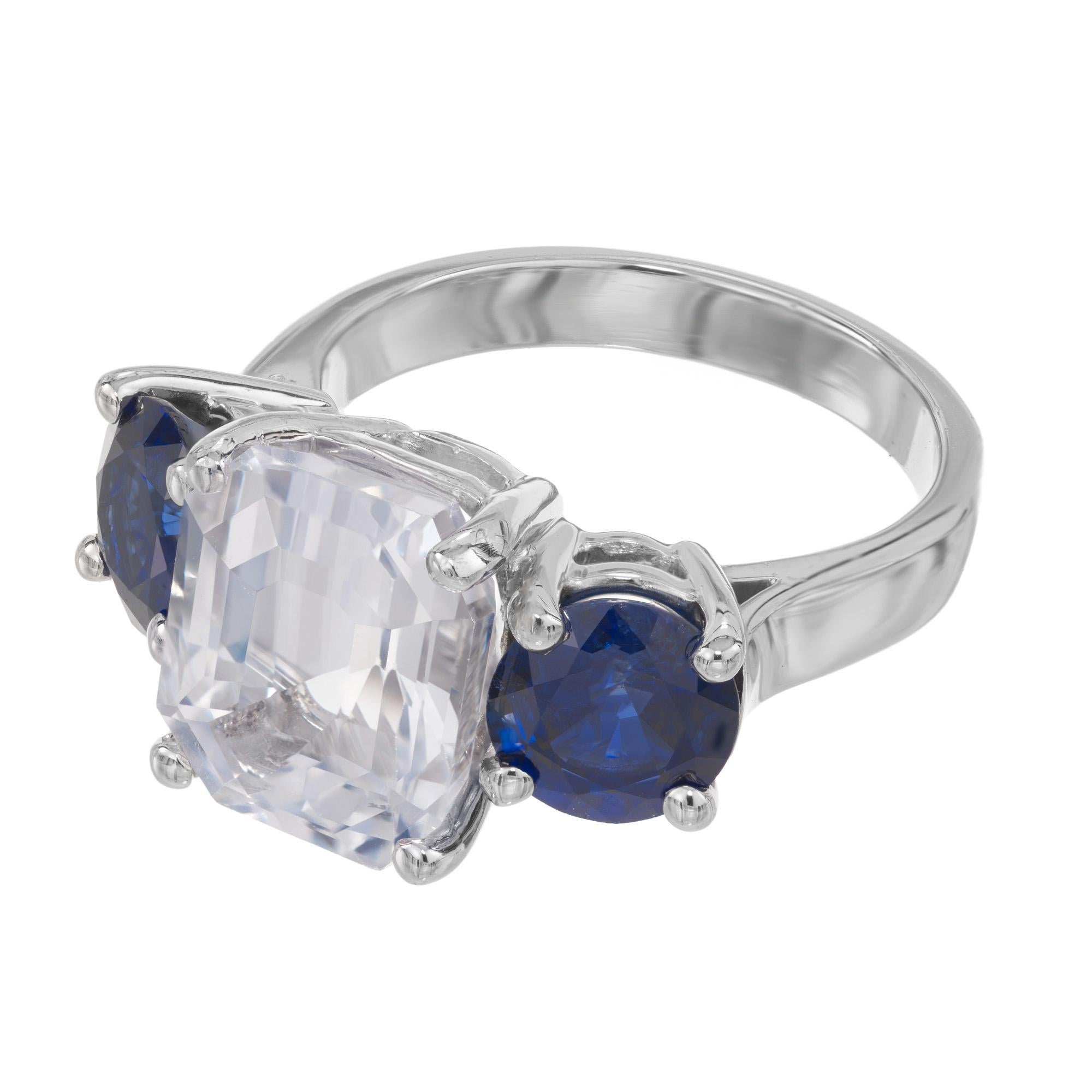 Octagon Cut Peter Suchy GIA 5.65 Carat Octagon Sapphire Platinum Three-Stone Engagement Ring For Sale