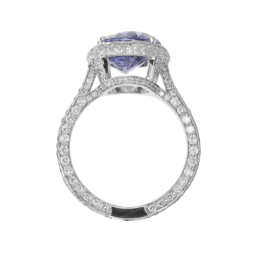 Peter Suchy Bague de fiançailles en or avec saphir bleu de 6,46 carats et halo de diamants en vente 3