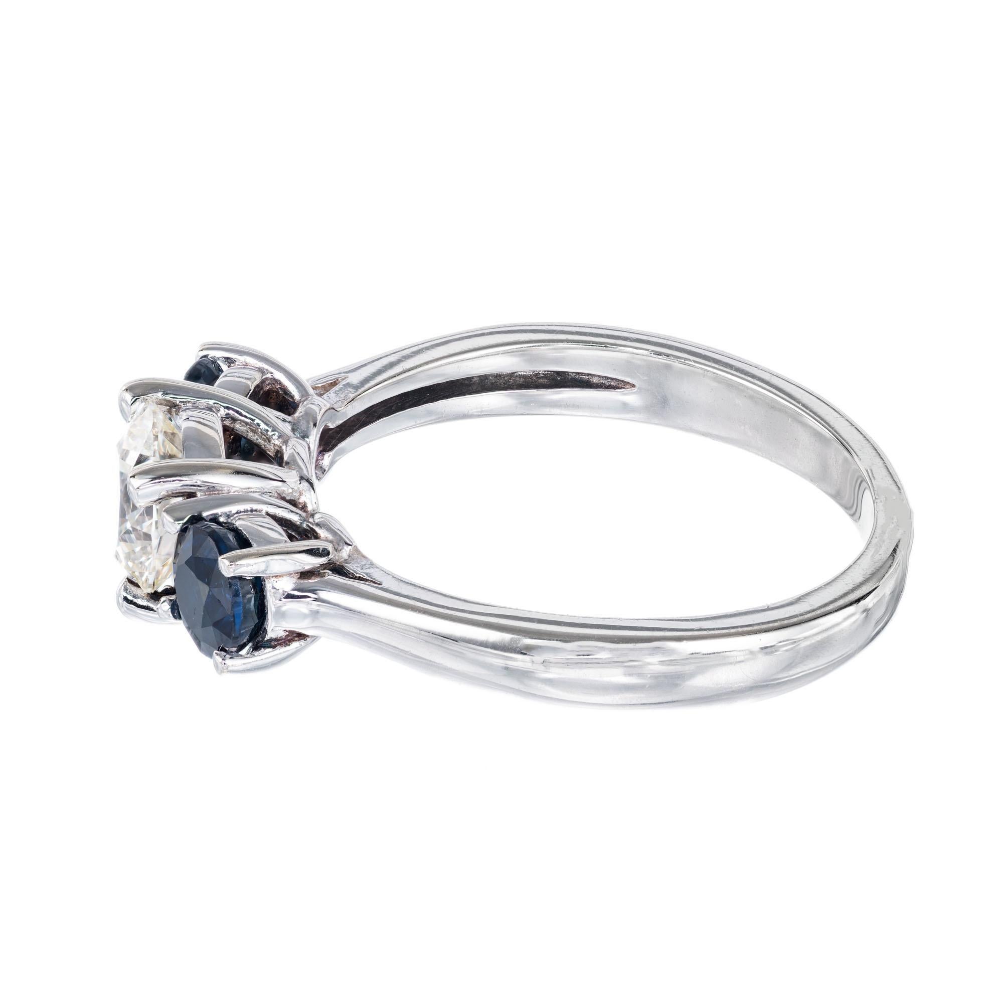 Round Cut Peter Suchy GIA .73 Carat Diamond Sapphire Gold Three-Stone Engagement Ring For Sale