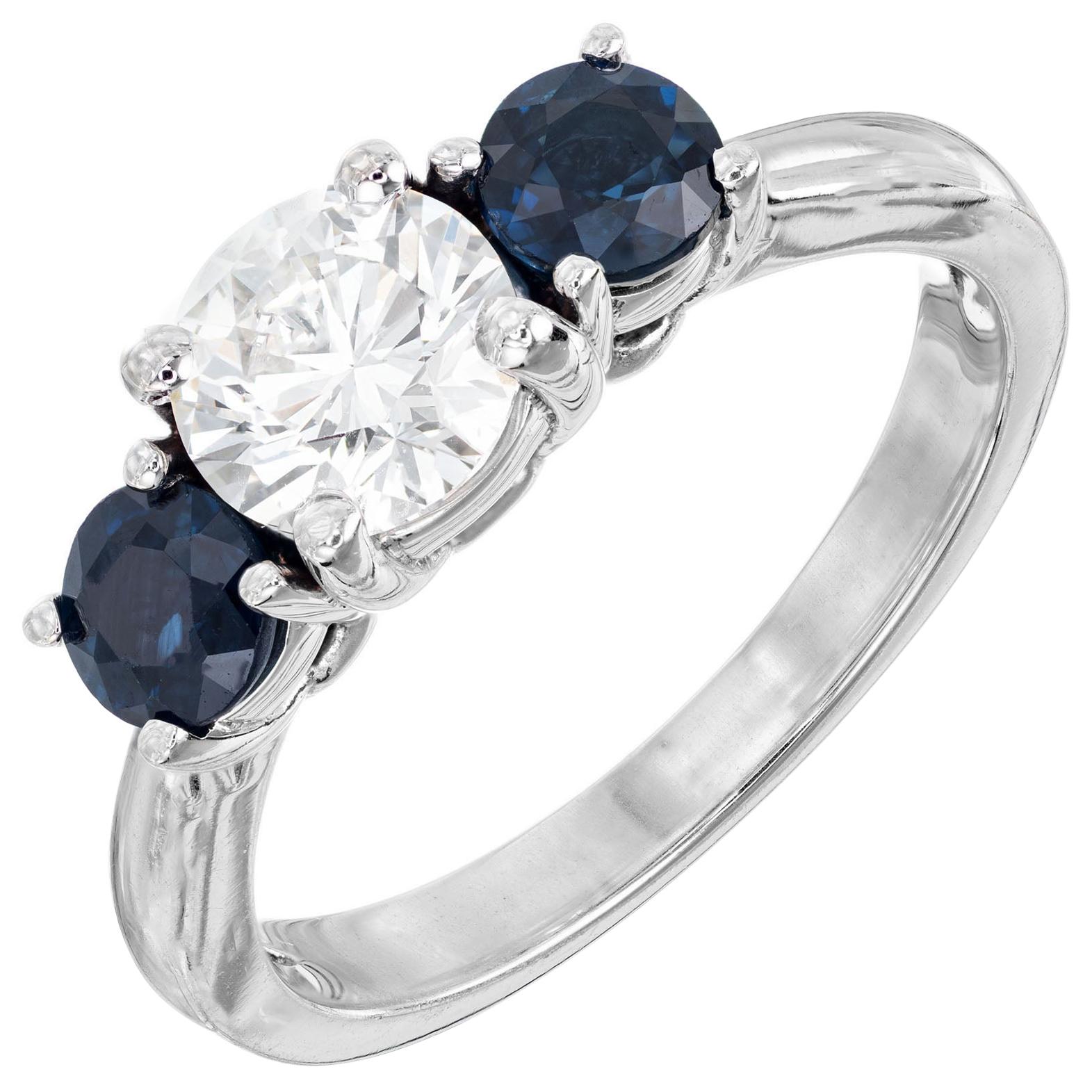 Peter Suchy GIA .73 Carat Diamond Sapphire Gold Three-Stone Engagement Ring For Sale