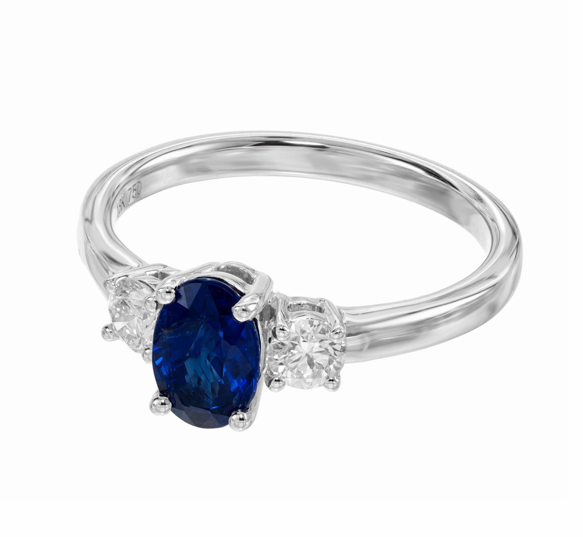 Oval Cut Peter Suchy GIA .97 Carat Sapphire Diamond Three Stone Gold Engagement Ring For Sale