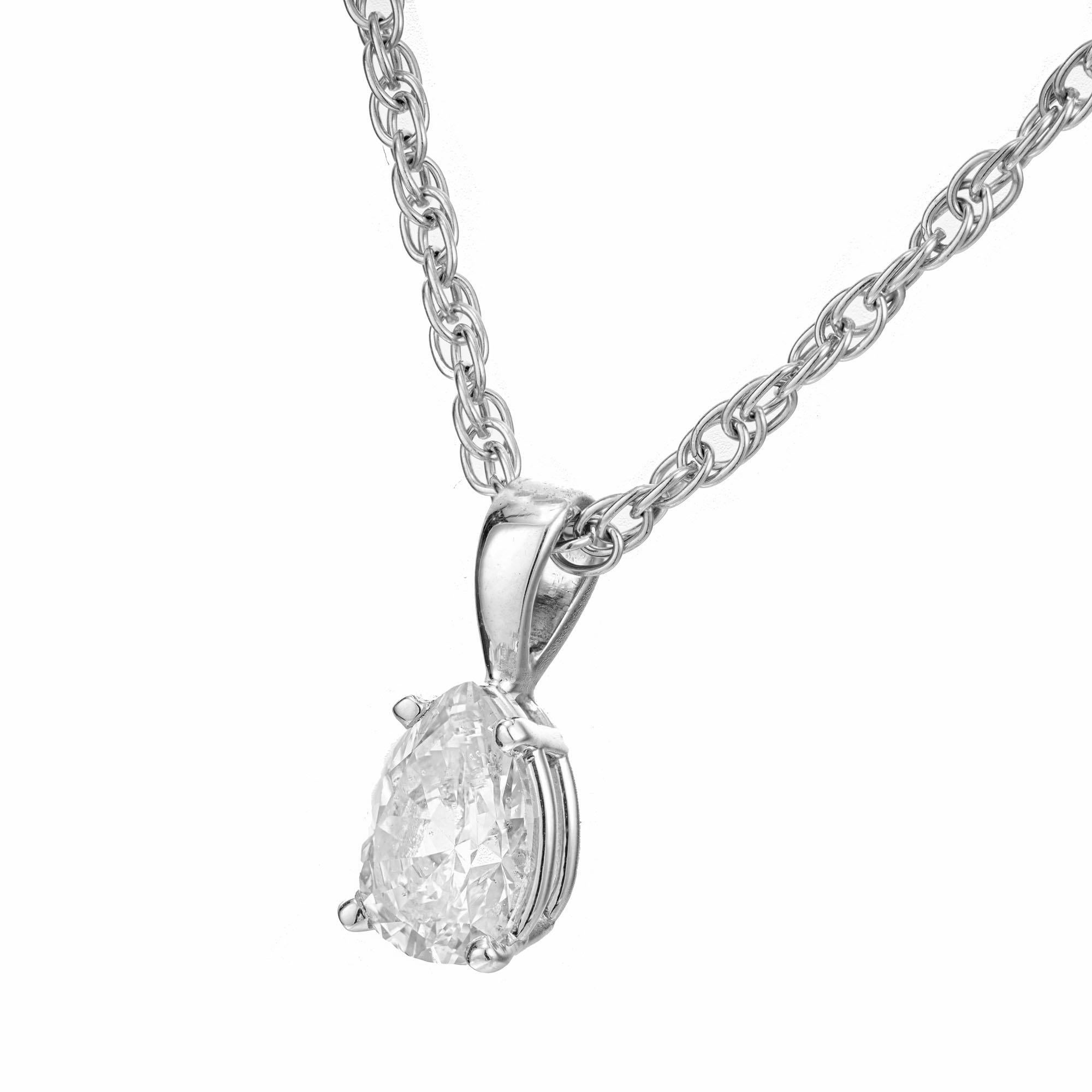 Pear shape diamond pendant necklace. GIA certified 1.00 carat pear shaped diamond set in a 14k white gold basket setting. 14k white gold 15.75 inch chain. Designed and crafted in the Peter Suchy workshop

1 pear shape diamond, G I approx. 1.00ct
14k