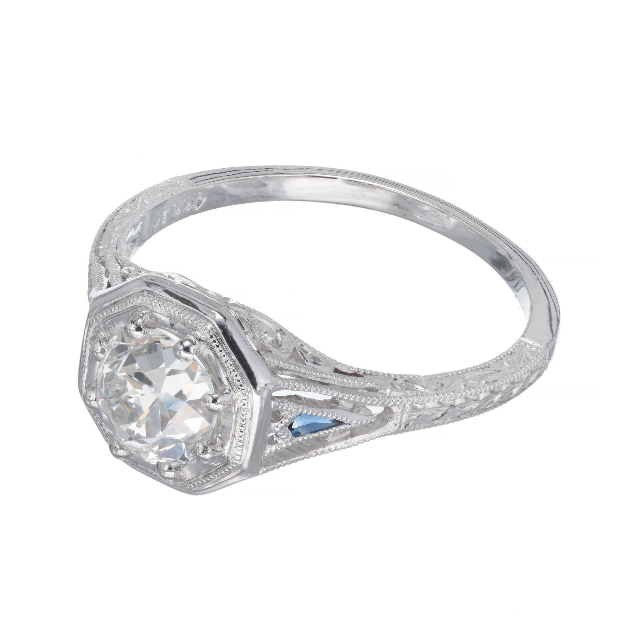 Old European Cut Peter Suchy GIA Certified 1.01 Carat Diamond Sapphire Platinum Engagement Ring