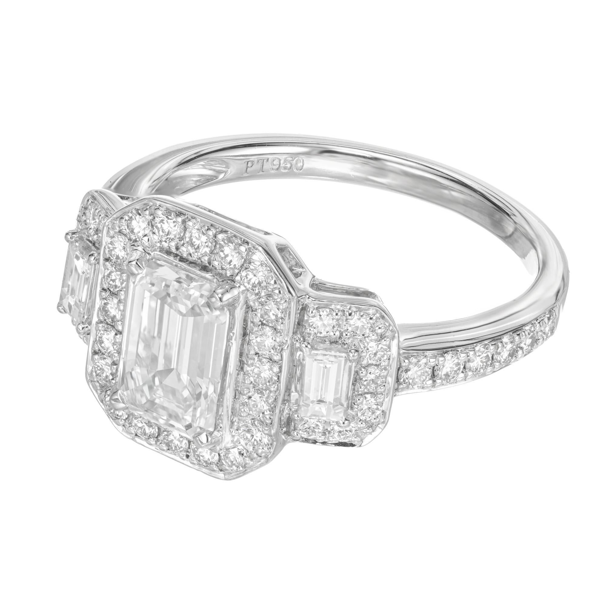 Emerald Cut Peter Suchy GIA 1.08 Carat Diamond Halo Platinum Three-Stone Engagement Ring For Sale