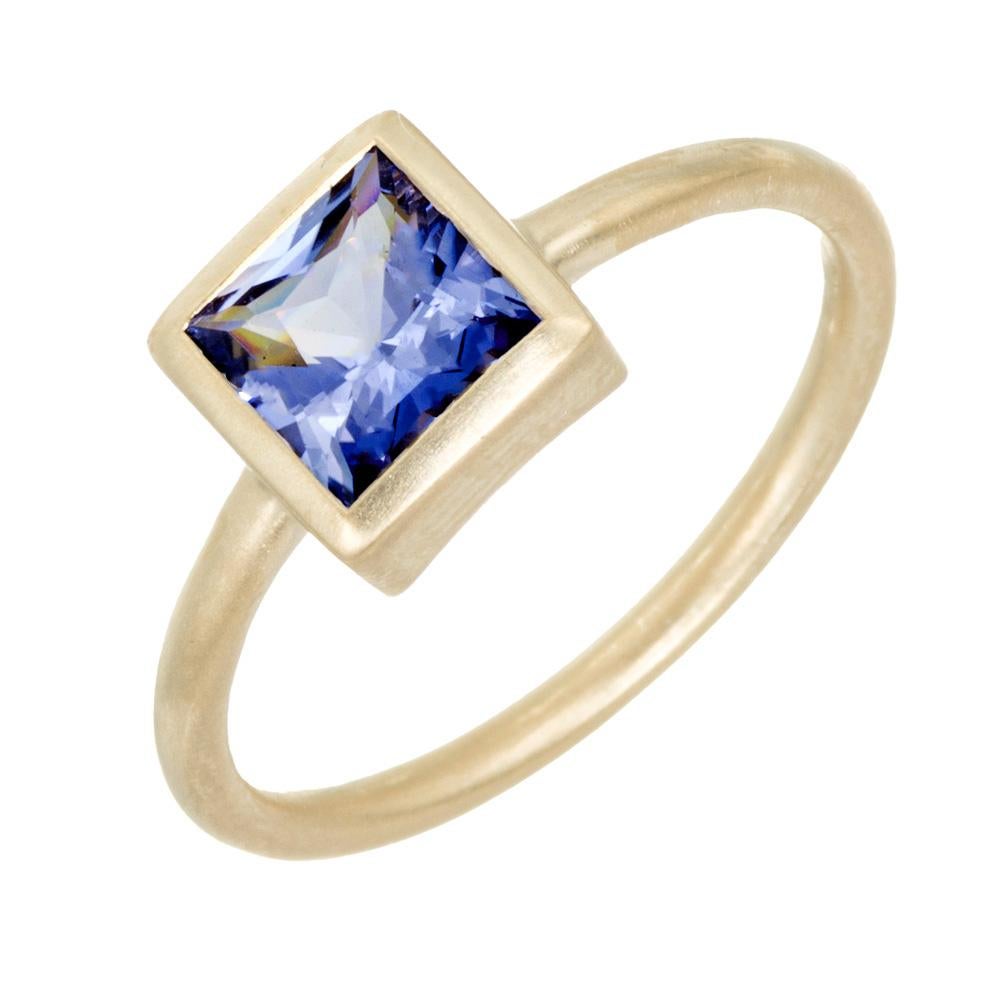 Unique steel blue custom cut natural no heat square ceylon sapphire engagement ring. GIA certified 1.08 square cut center sapphire in a soft finish simple bezel solitaire setting.  Designed and crafted in the Peter Suchy Workshop.

1 square cut blue