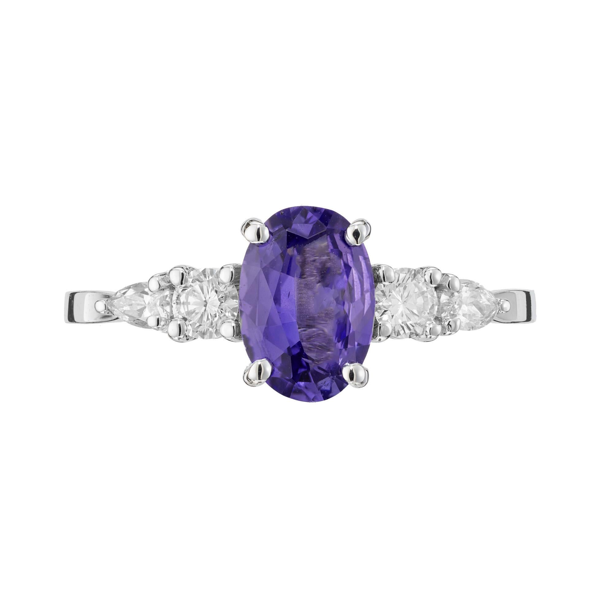 Bright purple oval natural no heat 1.11 carat sapphire in a custom design ring. Designed and crafted in the Peter Suchy Workshop

1 oval purple sapphire, approx. 1.11cts GIA Certificate # 5161215987
2 round brilliant cut diamonds, G-H VS approx.