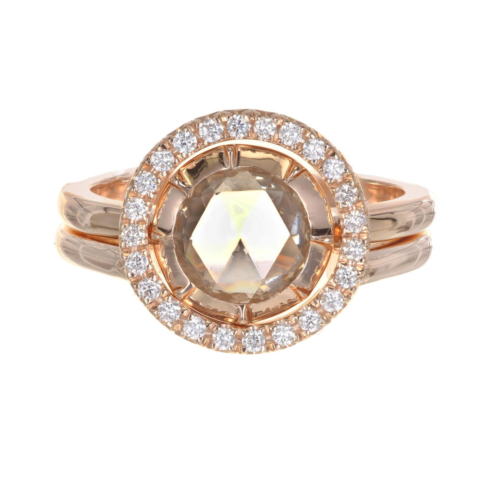 Rose Cut diamond halo engagement ring. GIA certified center diamond with a halo of 24 round diamonds. Two 14k rose gold separate rings. One inserts into the halo ring becoming one. Can be worn as a together or as a solitaire. Designed and created in