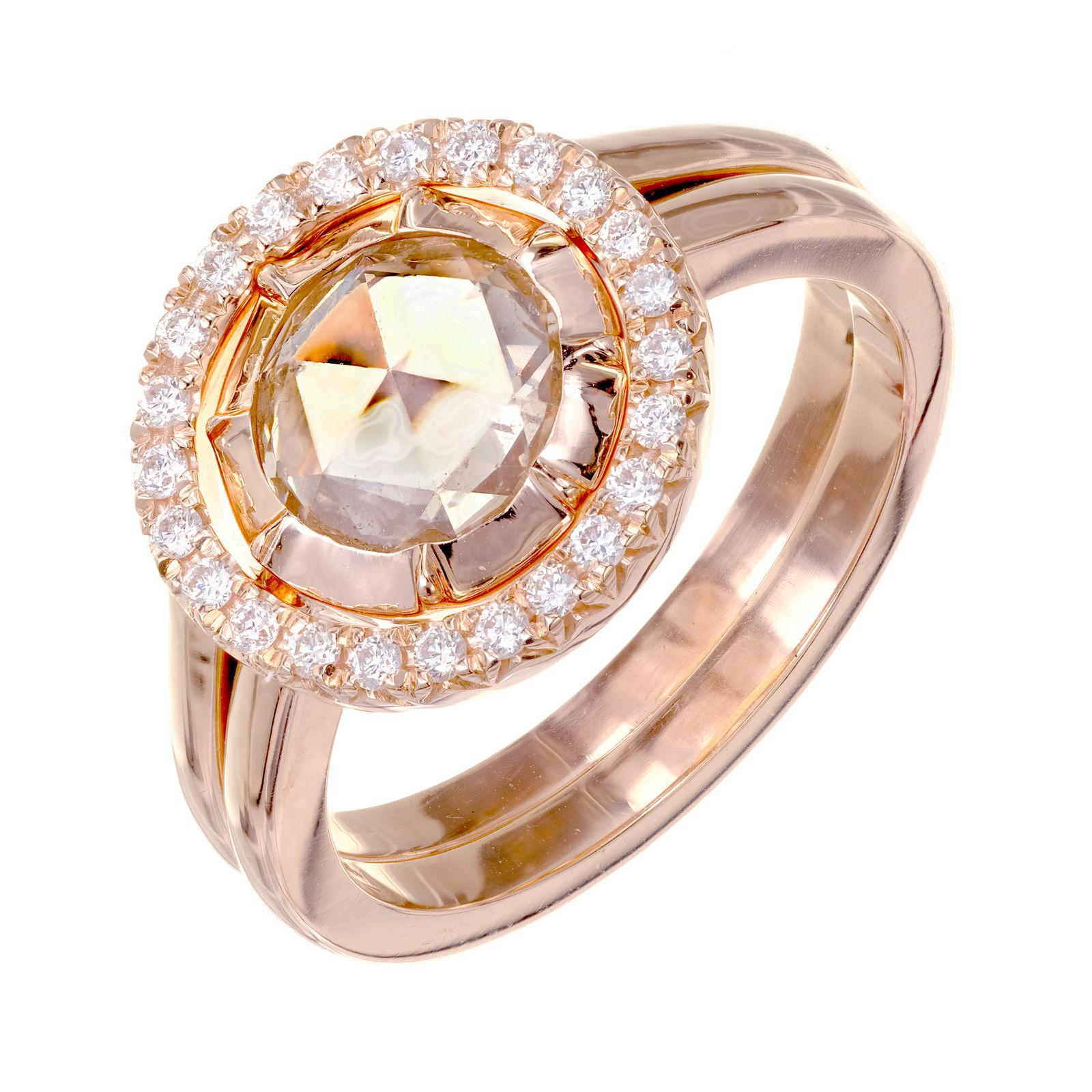 Bague de fiançailles Peter Suchy en or rose avec halo de diamants de 1,14 carat certifiés GIA