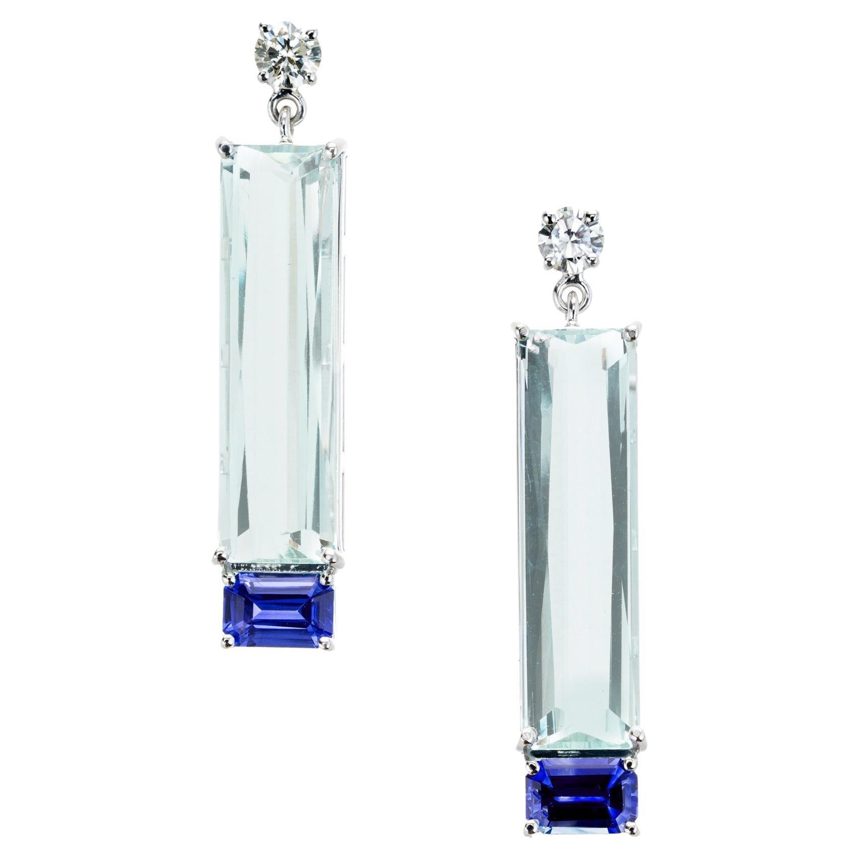 Peter Suchy GIA Certified 1.18 Carat Sapphire Aqua Diamond Gold Dangle Earrings For Sale