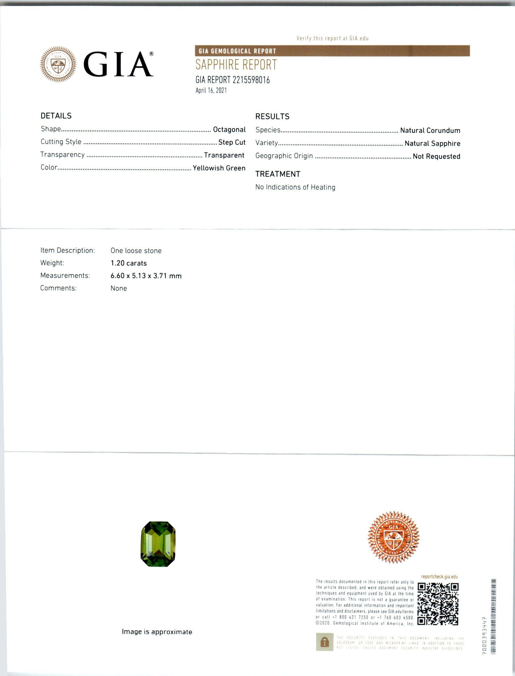 Octagon Cut Peter Suchy GIA Certified 1.20 Carat Green Sapphire Diamond Platinum Engagement For Sale