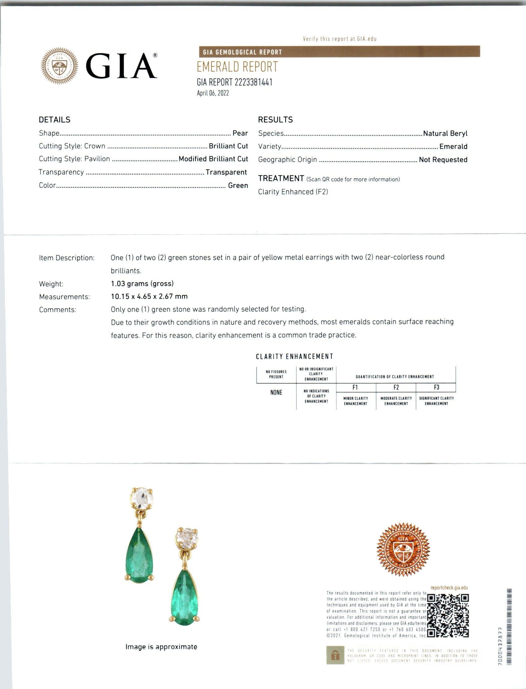 Peter Suchy GIA Certified 1.21 Carat Emerald Diamond Yellow Gold Dangle Earrings In New Condition For Sale In Stamford, CT