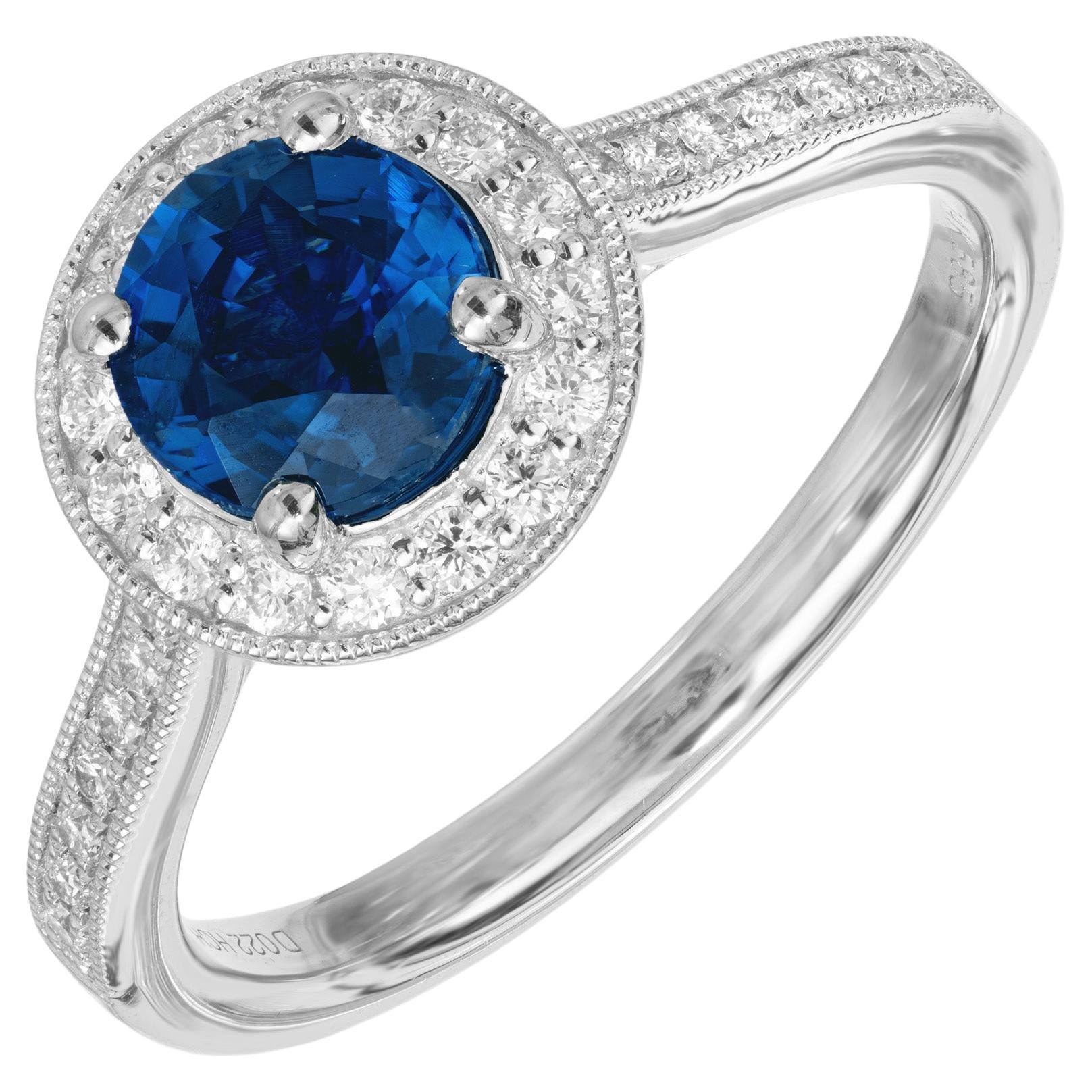 Peter Suchy GIA Certified 1.22 Carat Sapphire Diamond Gold Halo Engagement Ring For Sale