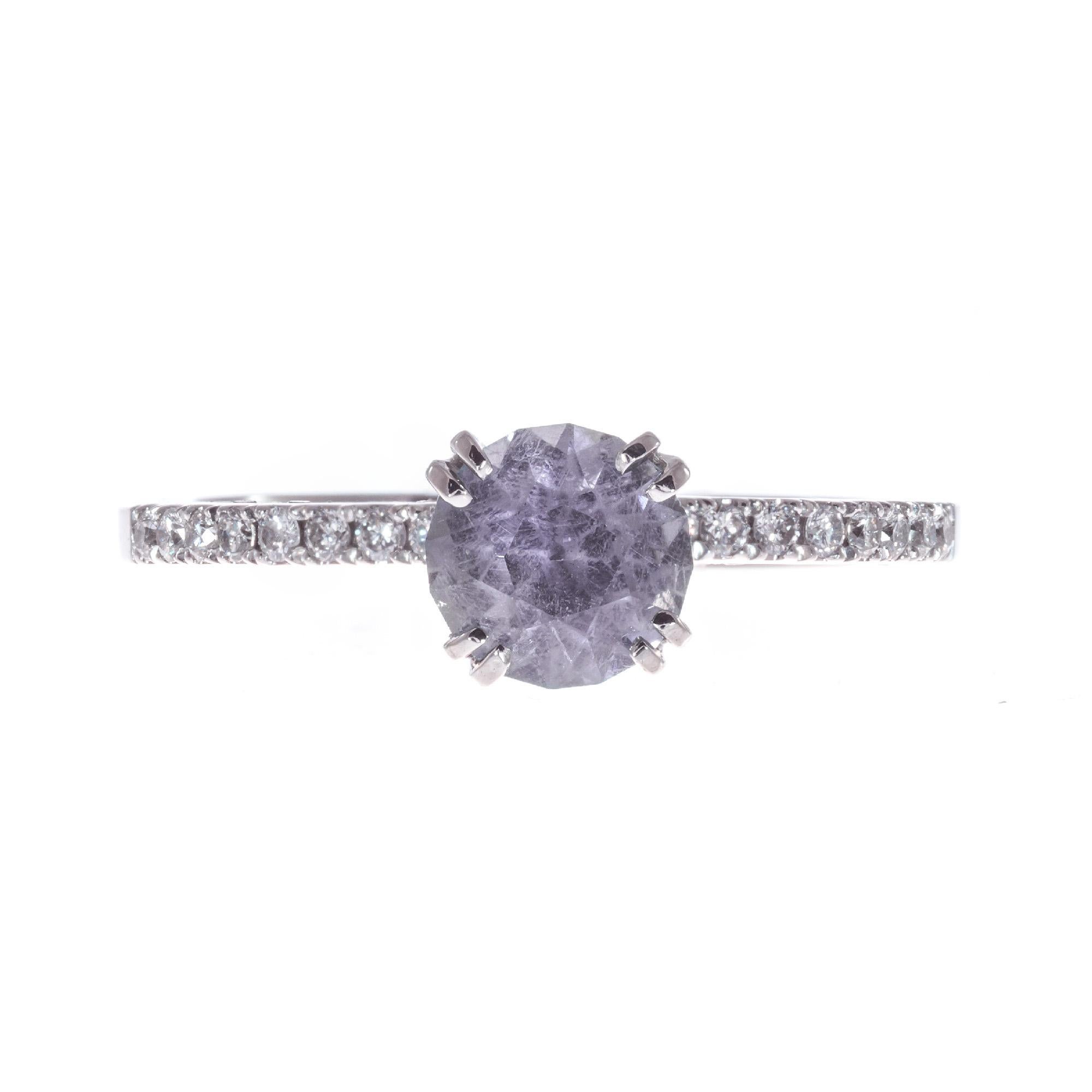 Peter Suchy sapphire and diamond engagement ring. Round GIA Certified Montana purple natural untreated sapphire center stone. Platinum setting with 58 micro pave round brilliant cut diamonds.  

1 round grayish purple Montana sapphire, Approximate