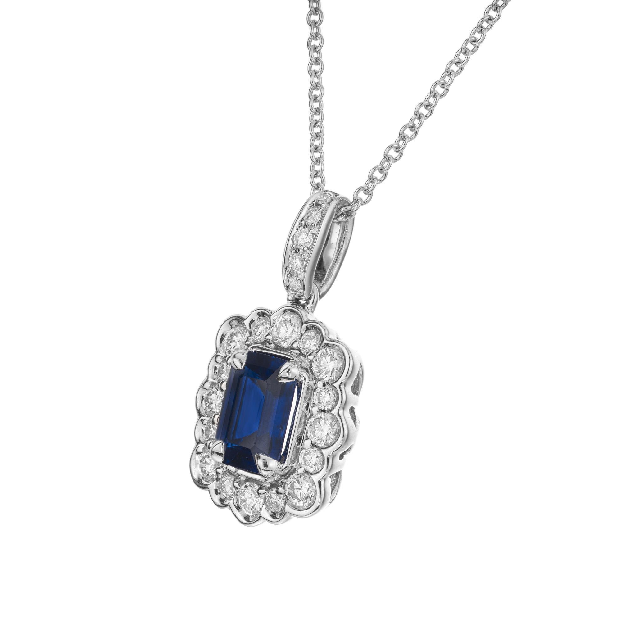 Octagon Cut Peter Suchy GIA Certified 1.29 Carat Sapphire Diamond Halo Gold Pendant Necklace For Sale