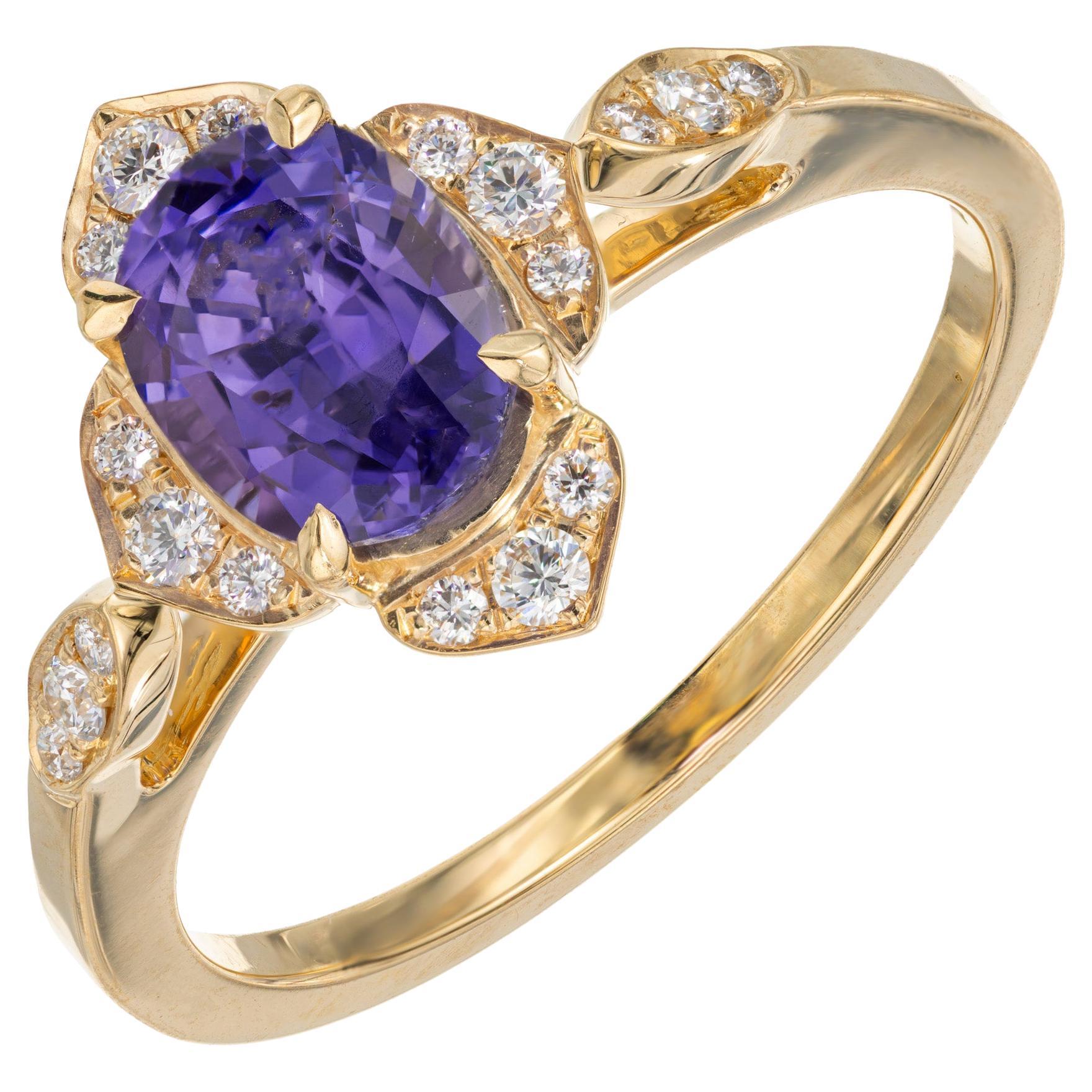 Bague de fiançailles Peter Suchy en or jaune avec saphir violet de 1,31 carat certifié GIA