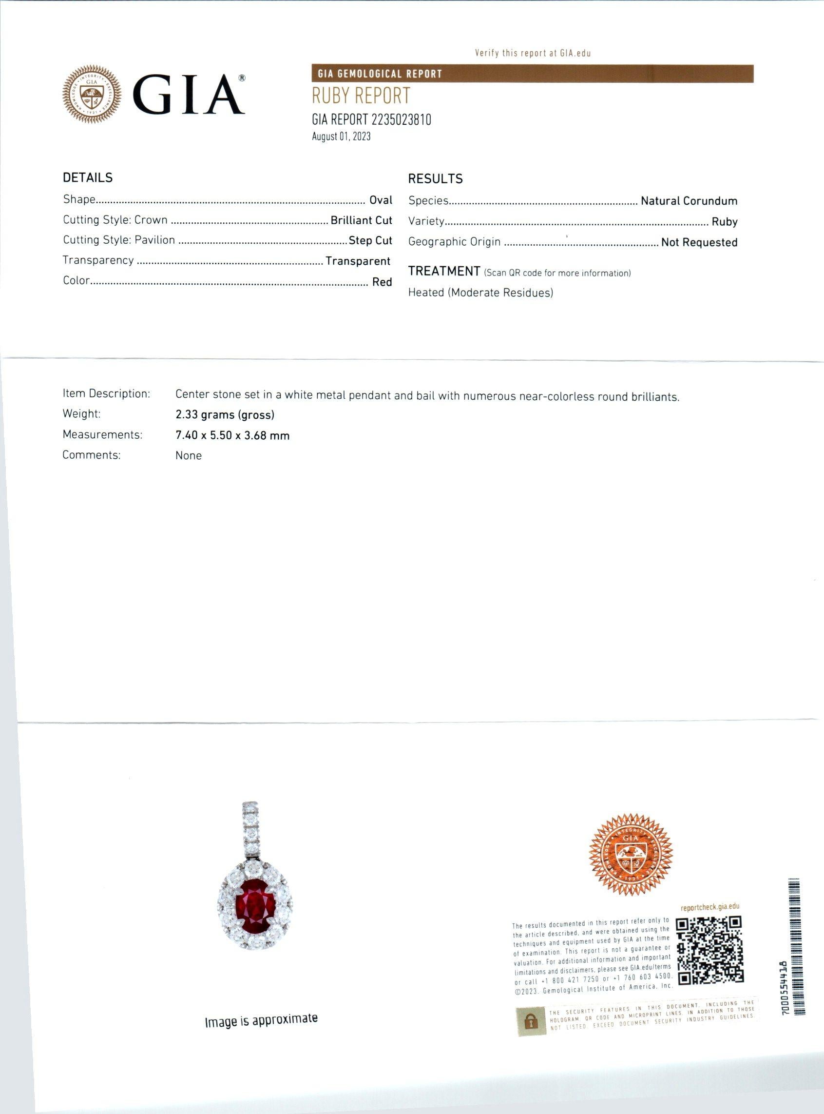 Peter Suchy GIA Certified 1.32 Carat Ruby Diamond White Gold Pendant Necklace In New Condition For Sale In Stamford, CT