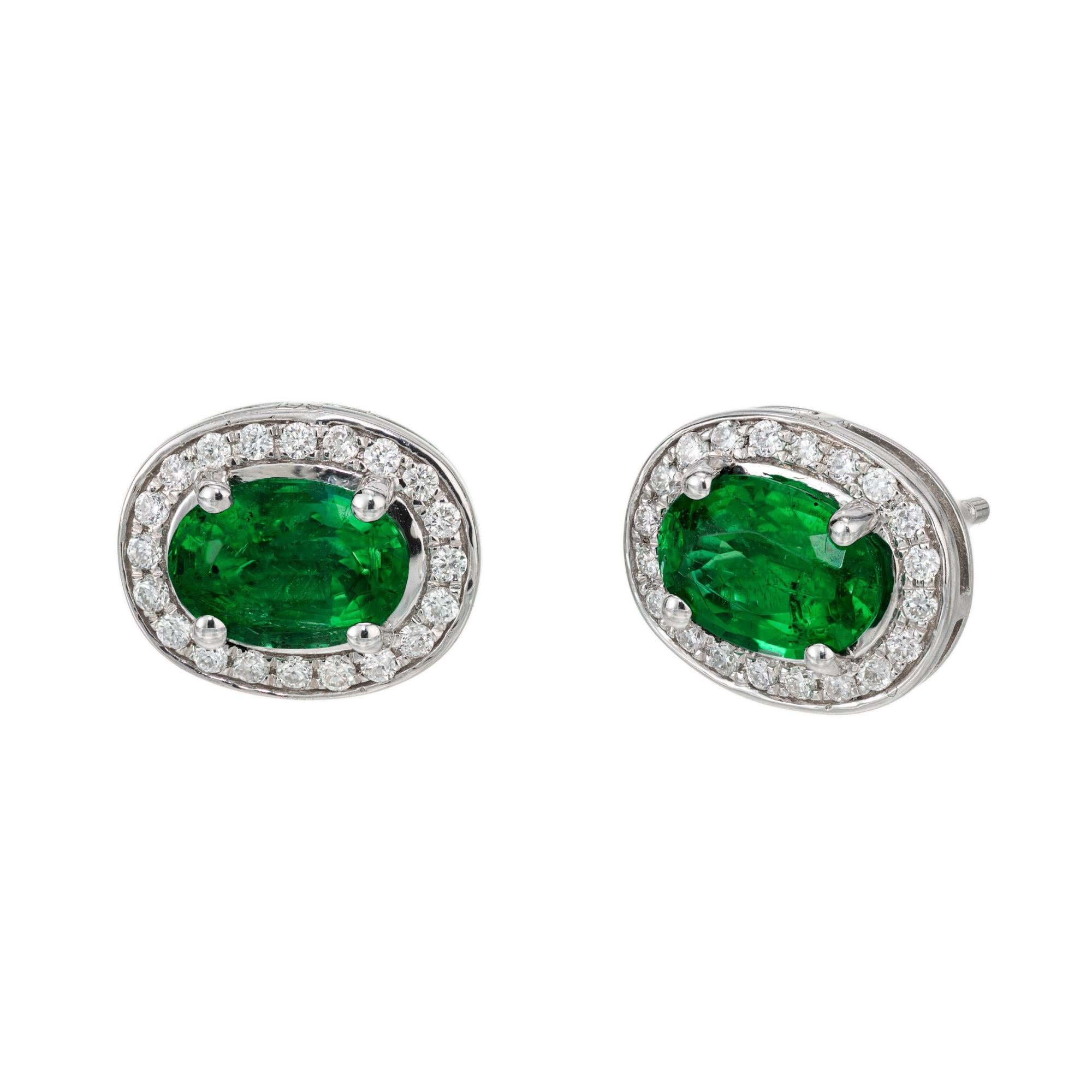 Oval Cut Peter Suchy GIA Certified 1.40 Carat Oval Emerald Diamond White Gold Earrings For Sale