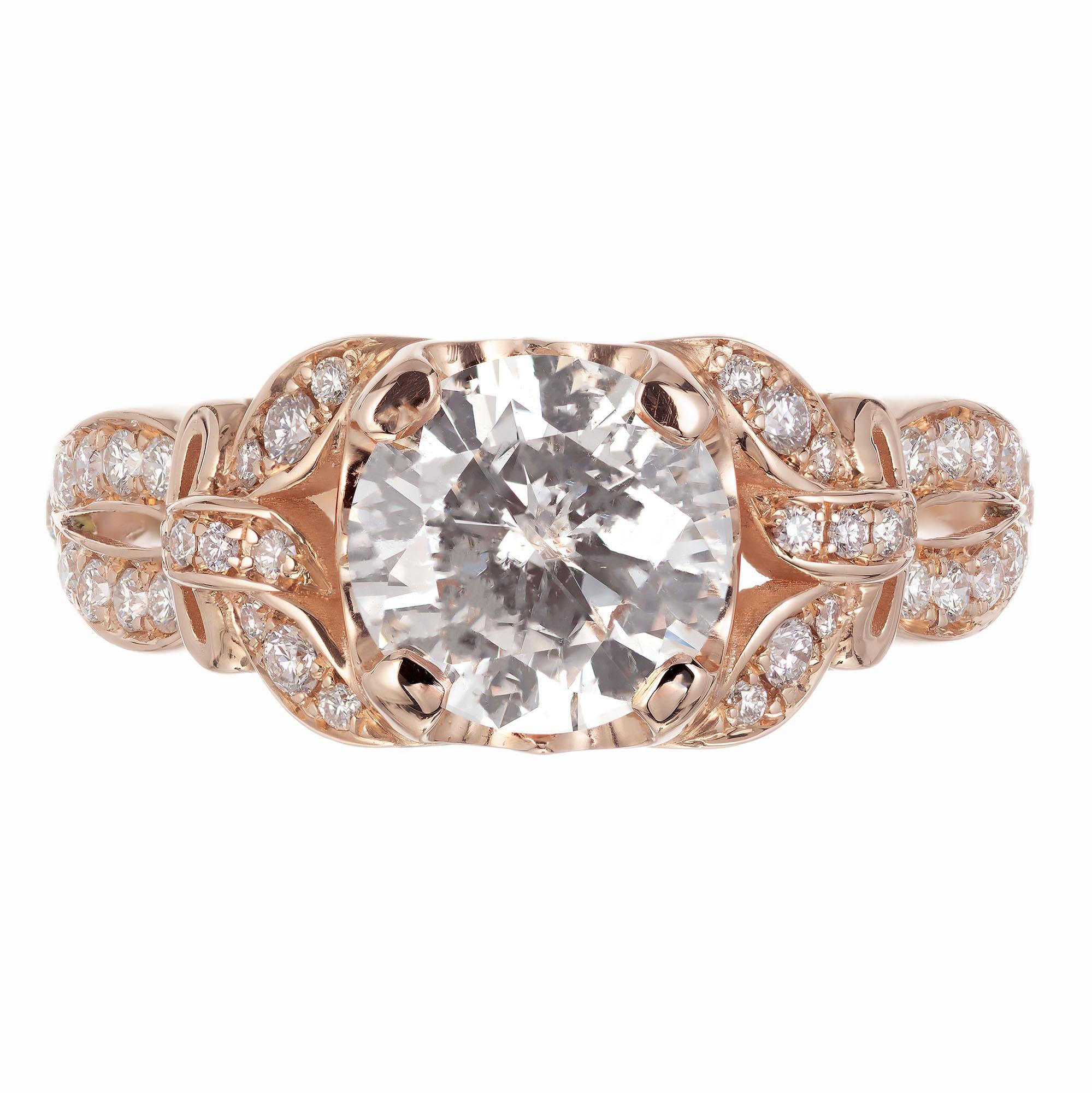 Transitional Ideal cut round diamond engagement ring. GIA certified center stone with 42 round brilliant cut accent diamonds in a 14k rose gold setting, designed and crafted in the Peter Suchy Workshop. 

1 transitional cut diamond H I, approx.