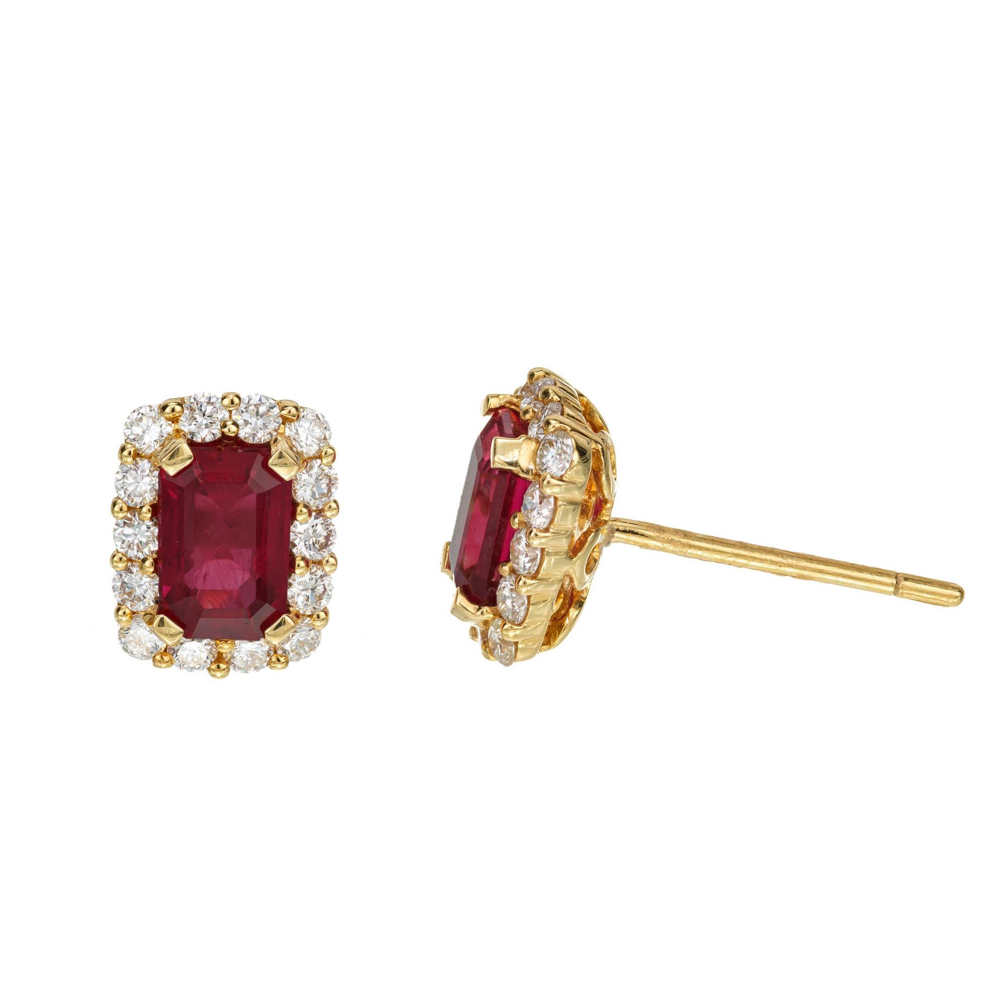 Octagon Cut Peter Suchy GIA Certified 1.44 Carat Ruby Diamond Halo Yellow Gold Earrings