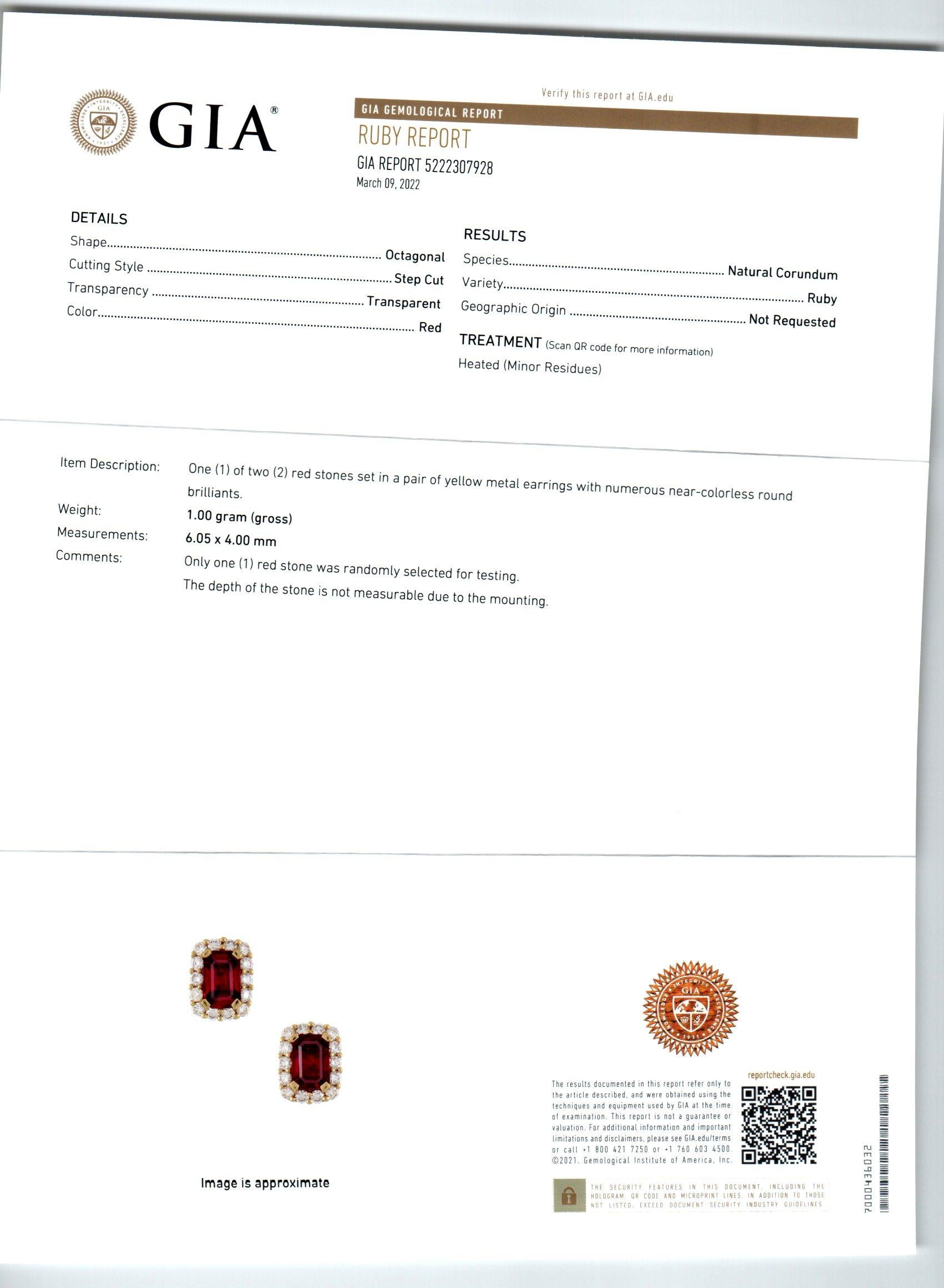 Peter Suchy GIA Certified 1.44 Carat Ruby Diamond Halo Yellow Gold Earrings In New Condition In Stamford, CT