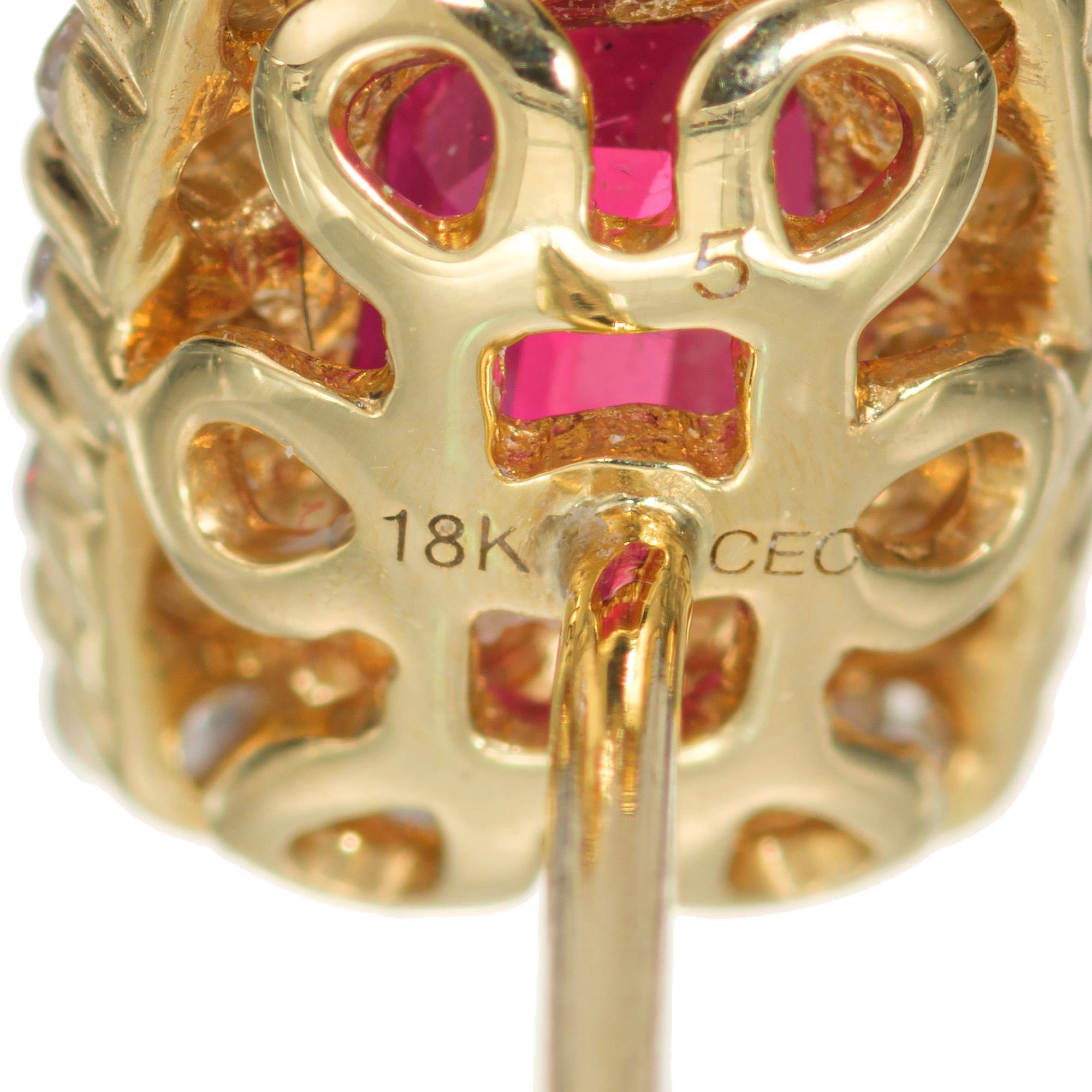 Peter Suchy GIA Certified 1.44 Carat Ruby Diamond Halo Yellow Gold Earrings 2